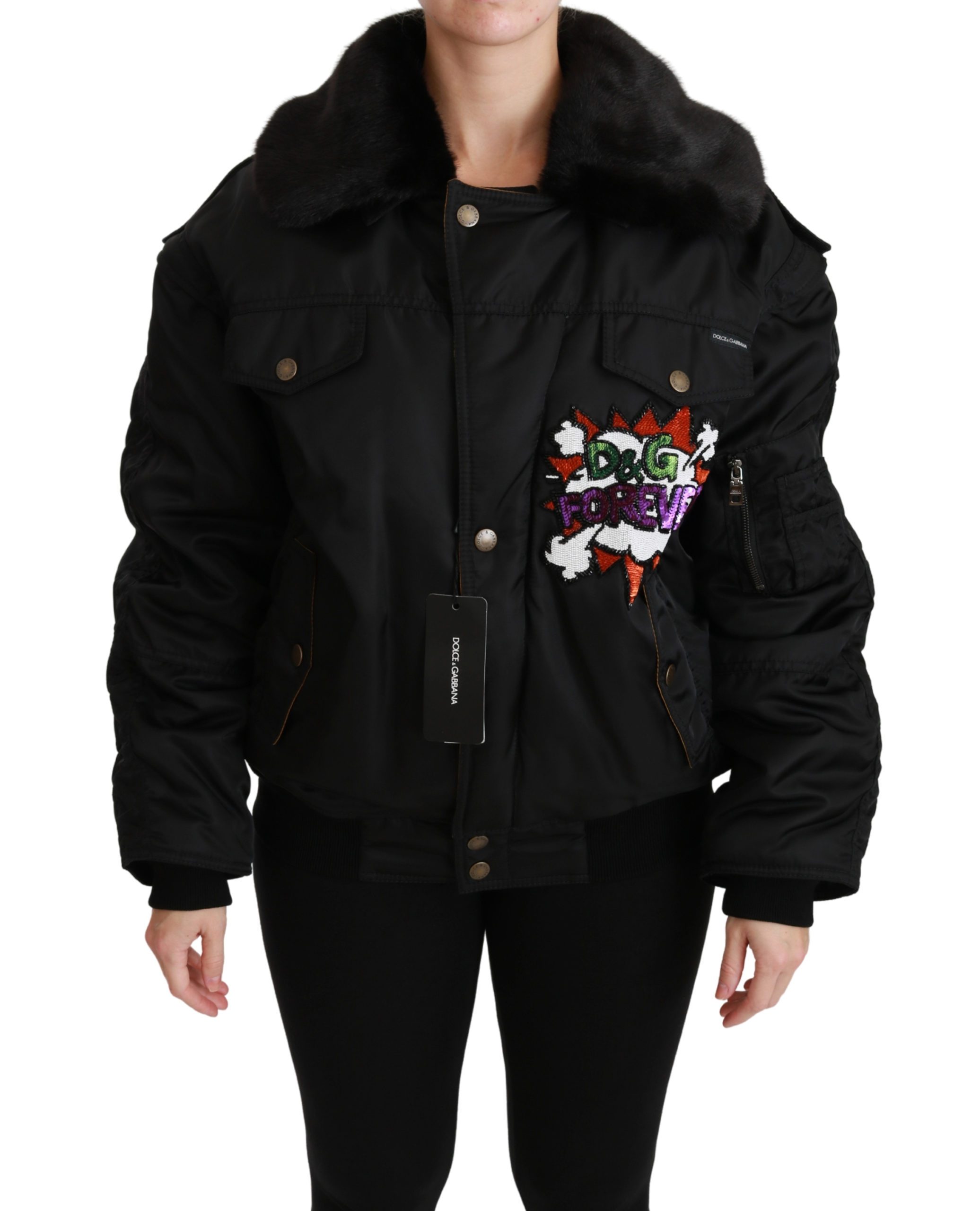 Black Queen Crown Sequined Bomber Jacket - IT36 | XS