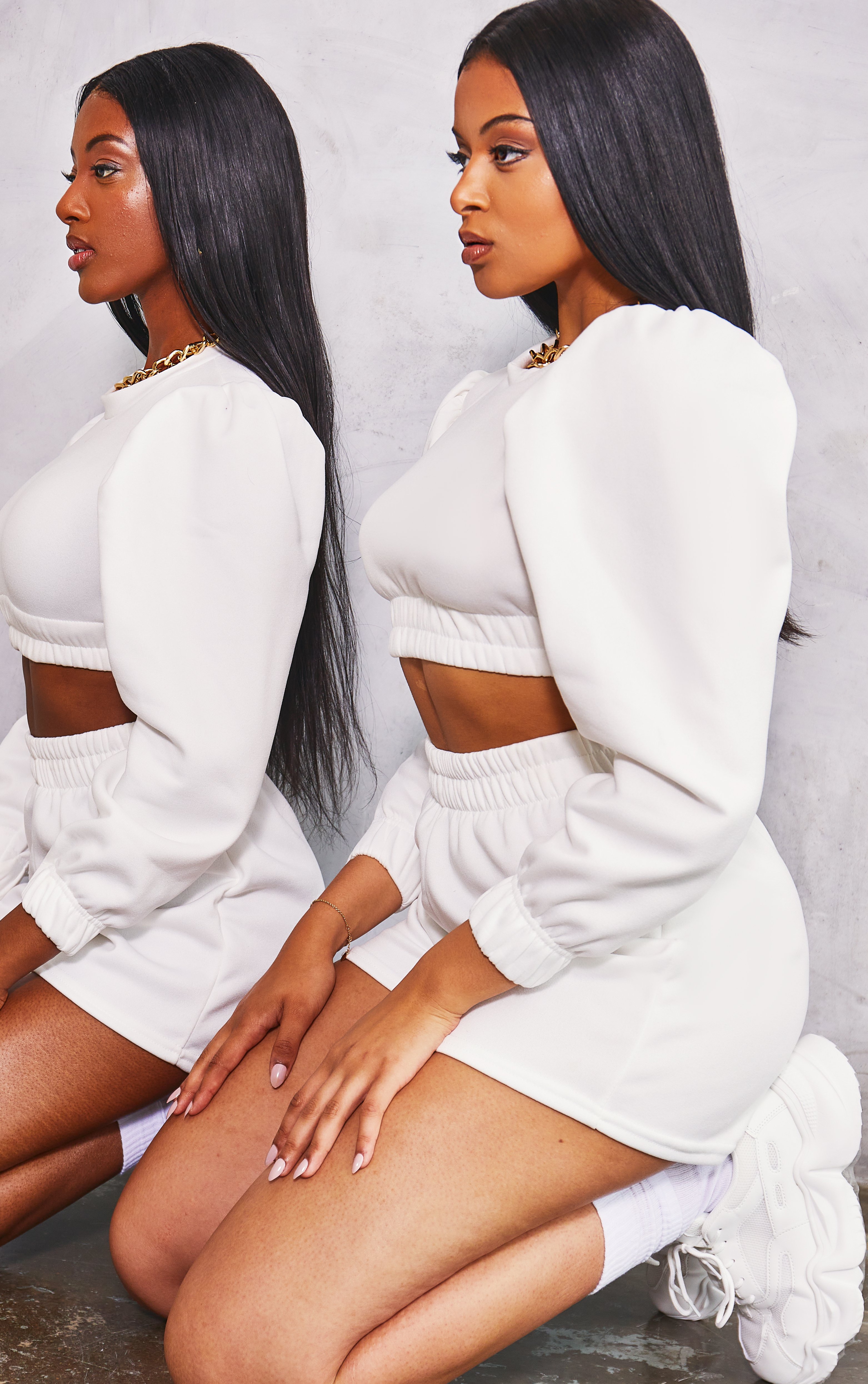 Puff Sleeve Cropped Top & Short Lounge Set - White / 12/14