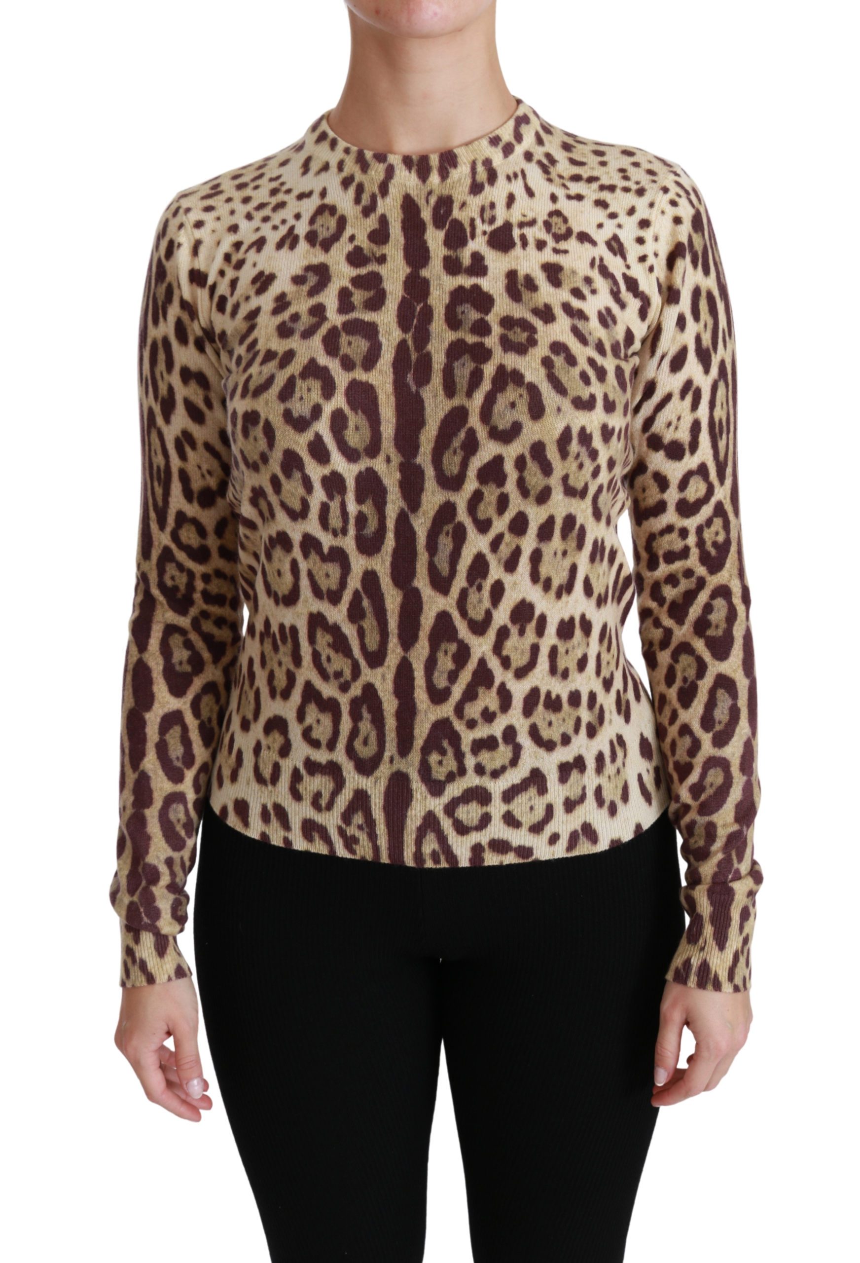Dolce & Gabbana Women's Leopard LS Cashmere Sweater Brown TSH4426 - IT36 | XS