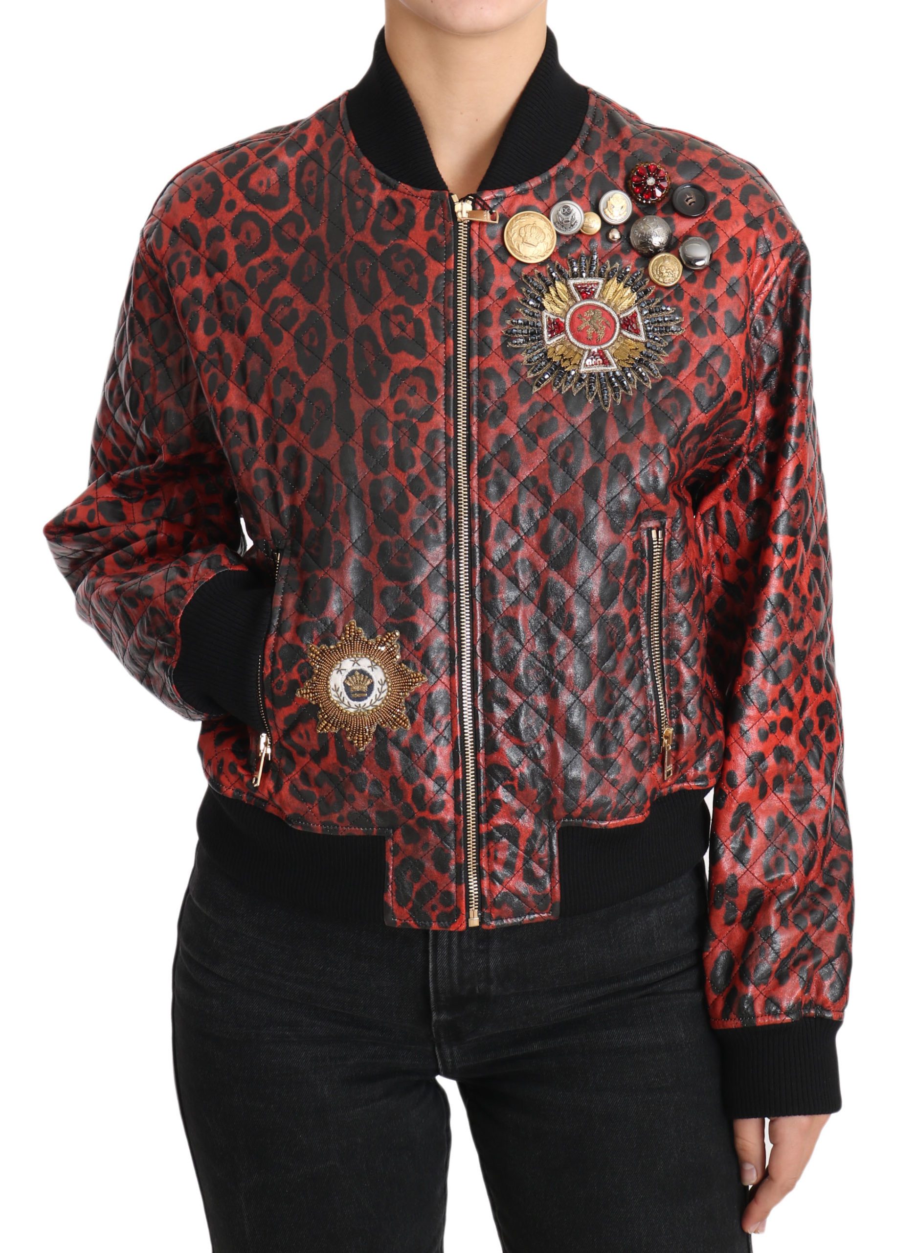 Dolce & Gabbana Women's Leopard Button Crystal Leather Jacket Red JKT2419 - IT42|M