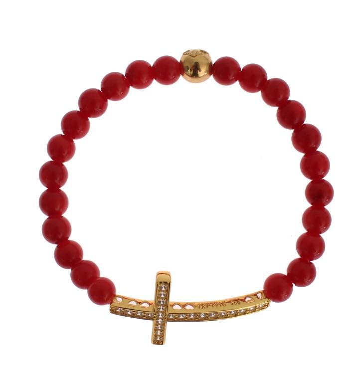 Nialaya Women's Coral CZ Cross 925 Silver Bracelet Red SIG19013 - S