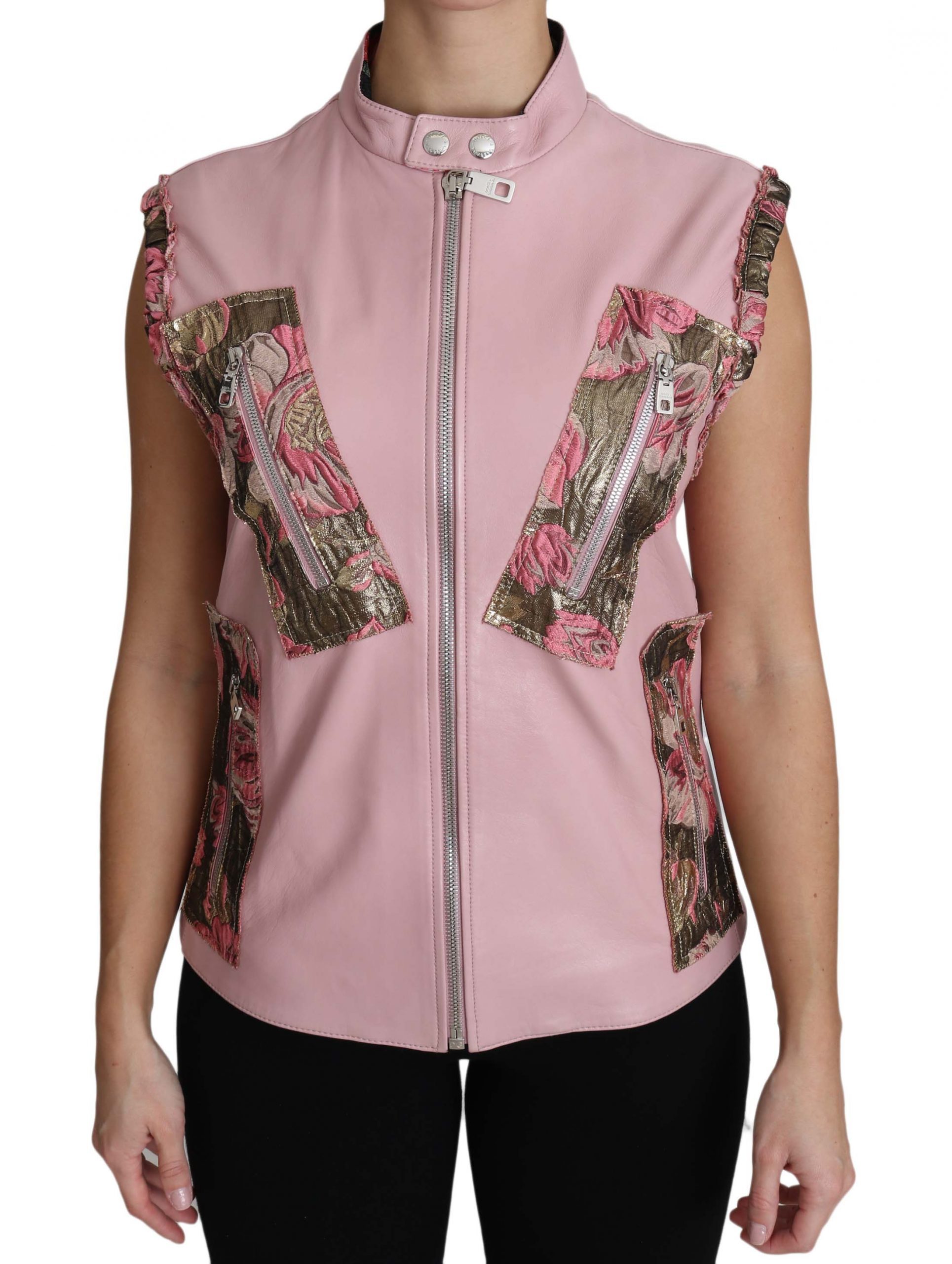 Dolce & Gabbana Women's Zippered Lamb Sleeveless Vest Leather Jacket Pink TSH3200 - IT40|S