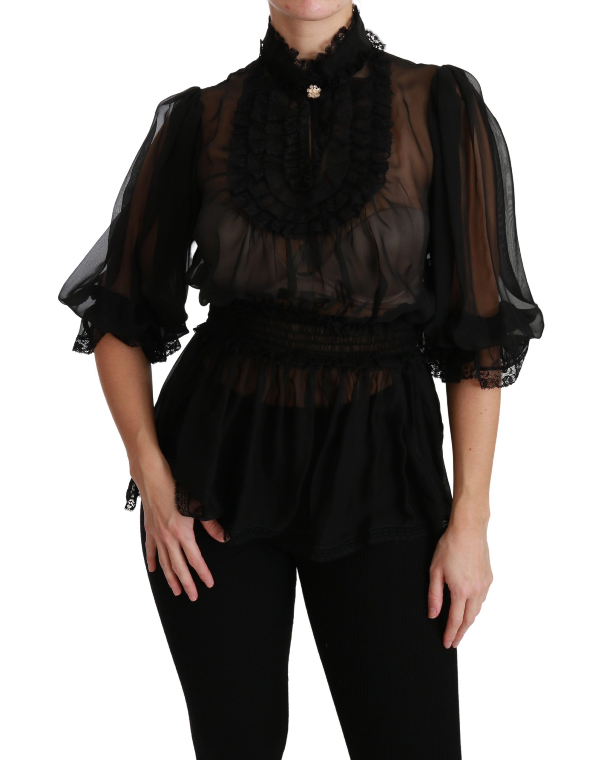 Dolce & Gabbana Women's Ruffle Shear Silk Top Black TSH4497 - IT40|S