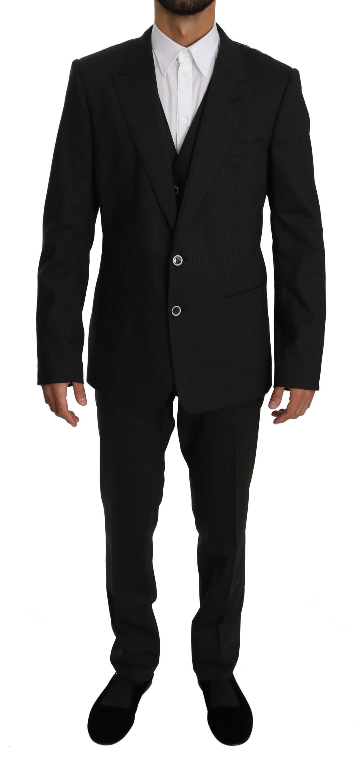 Dolce & Gabbana Men's Striped Wool Stretch Slim Fit Suit Black KOS1562 - IT54 | XL