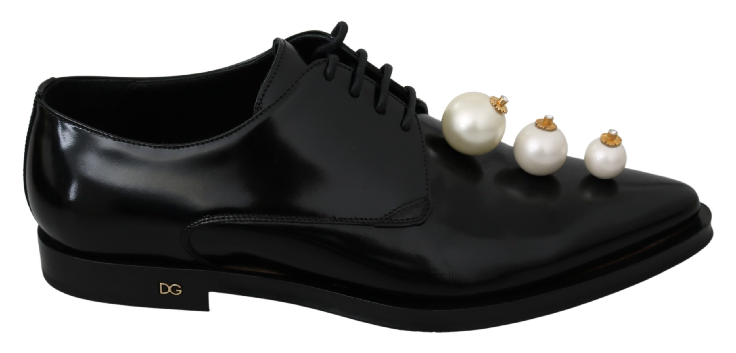 Dolce & Gabbana Women's Leather Pearl Studs Lace Up Formal Shoes Black LA6913 - EU39/US8.5