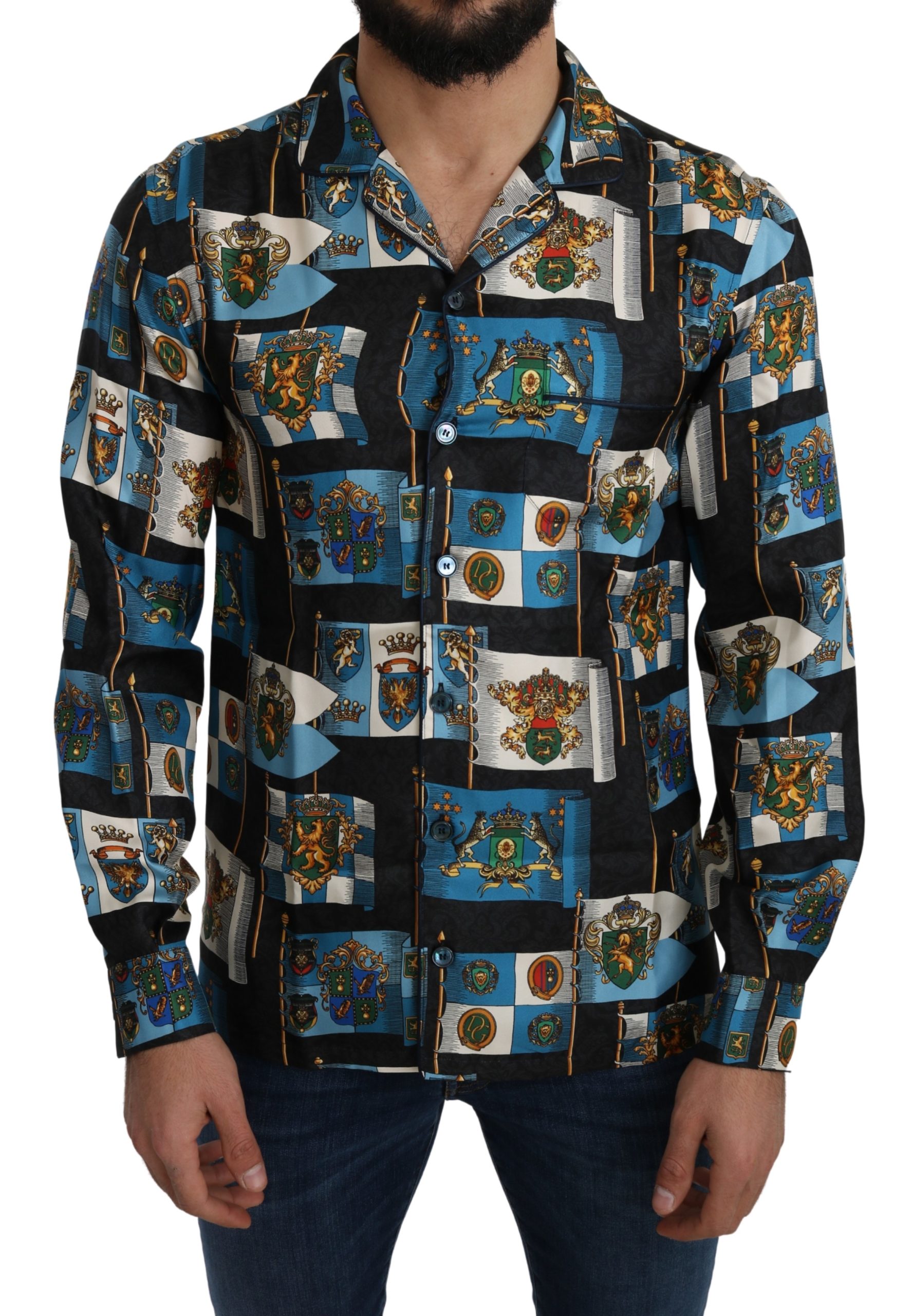 Dolce & Gabbana Men's Silk Coat of Arms Casual Shirt Blue TSH5209 - IT42 | XL