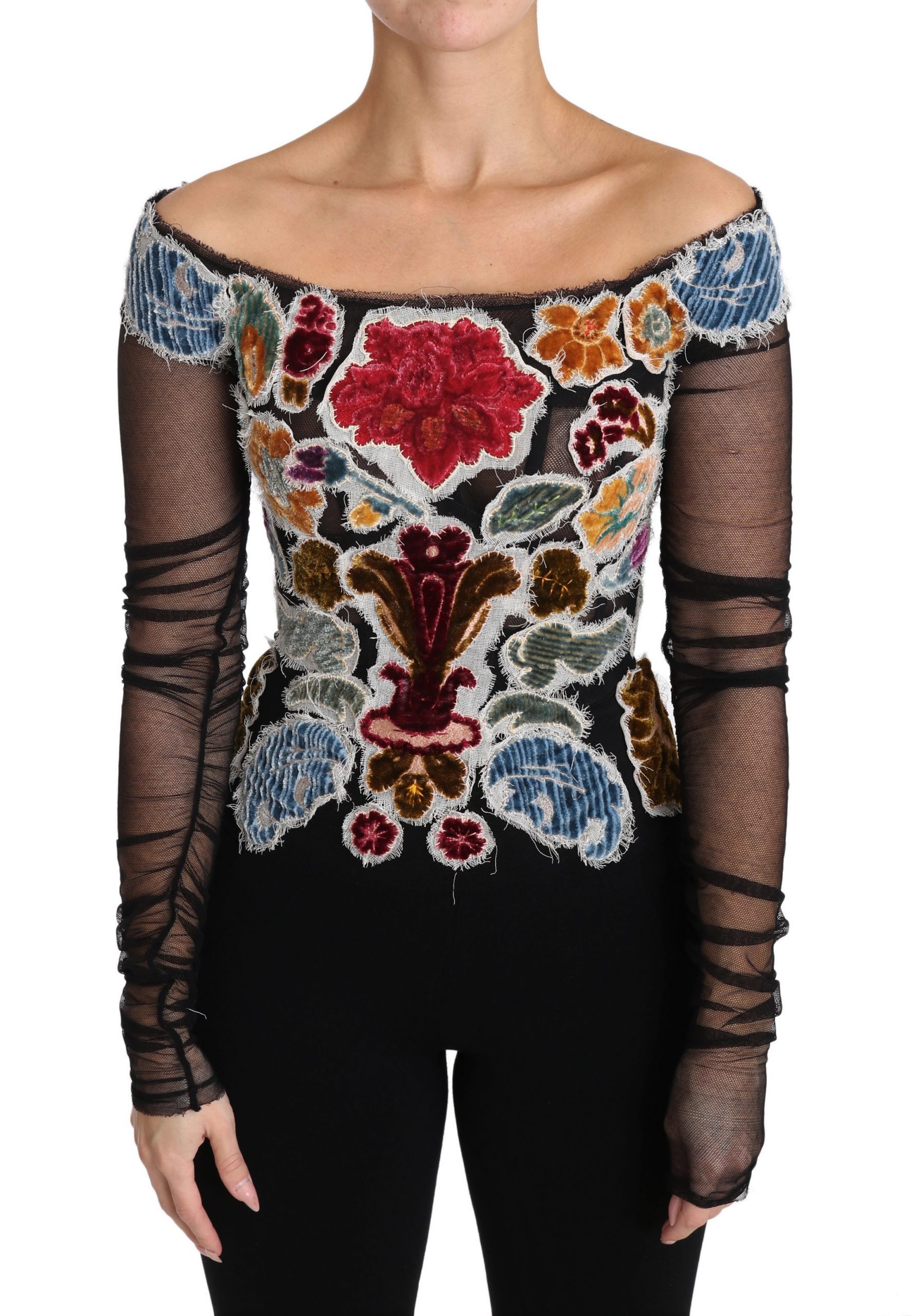 Black Floral Ricamo Top T-shirt Blouse - IT36|XXS