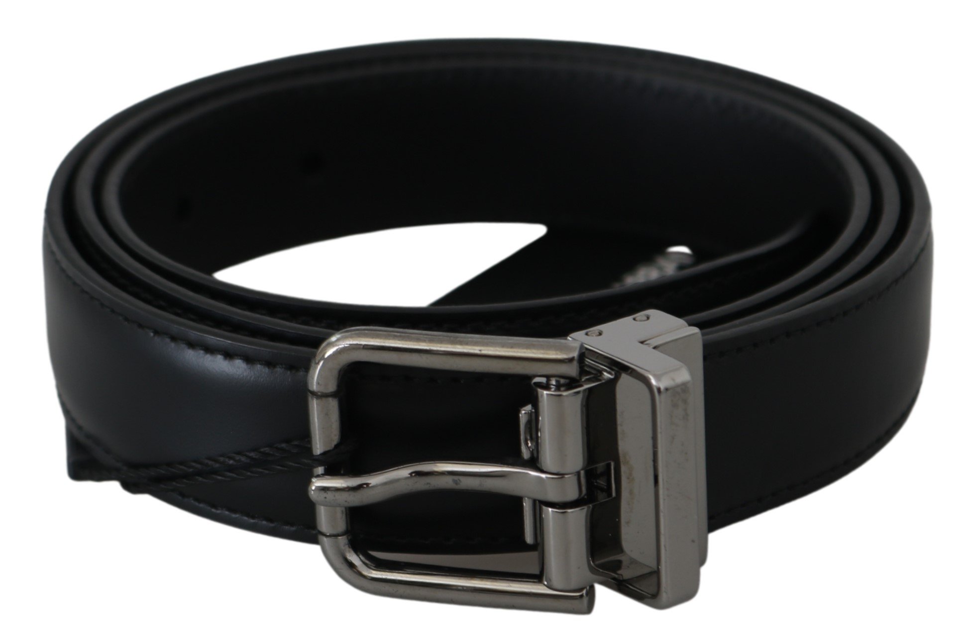 Black Solid Leather Gray Buckle Belt - 95 cm / 38 Inches
