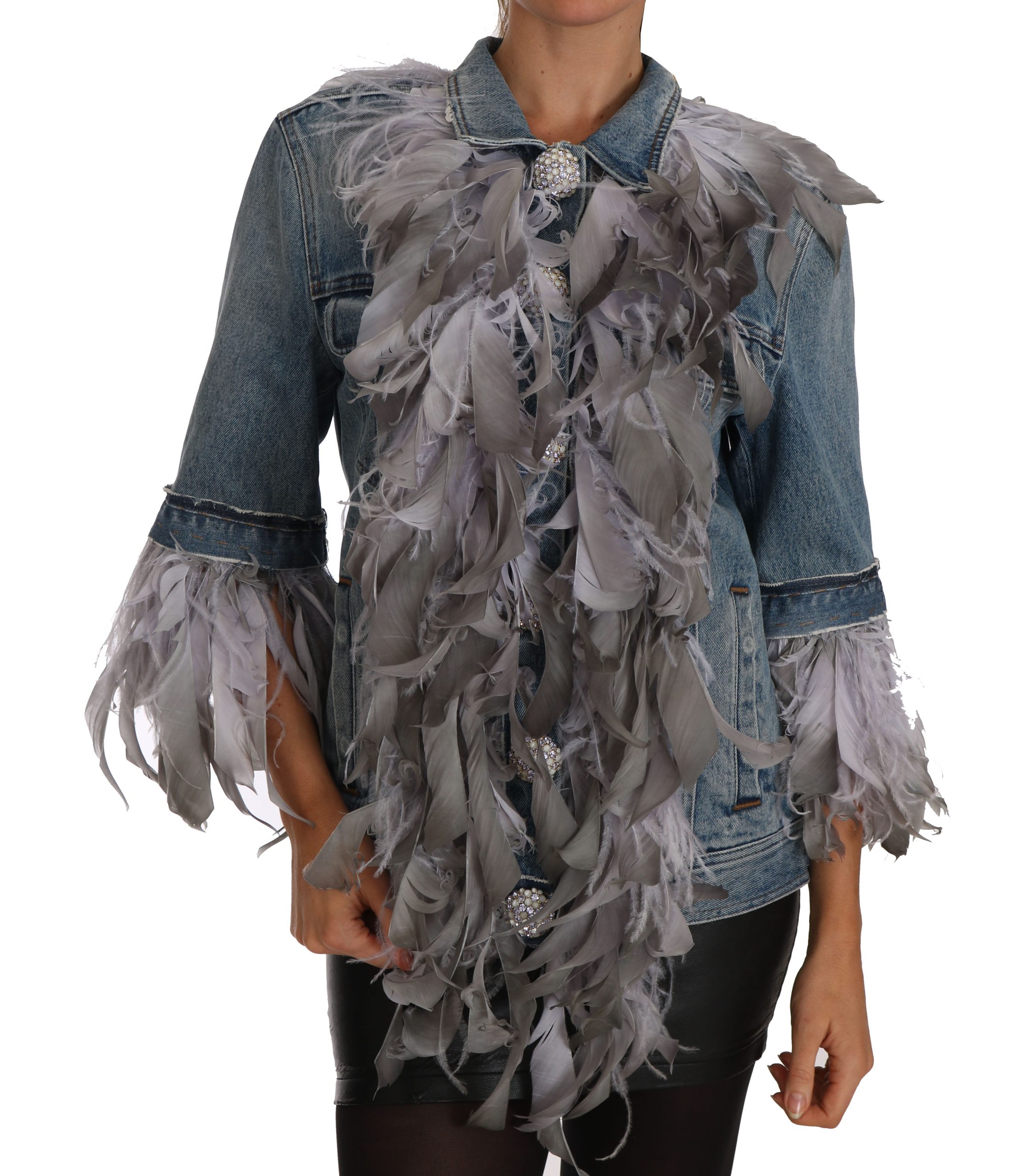 Dolce & Gabbana Women's Denim Feathers Embellished Buttons Jacket Blue TSH2325 - IT40|S
