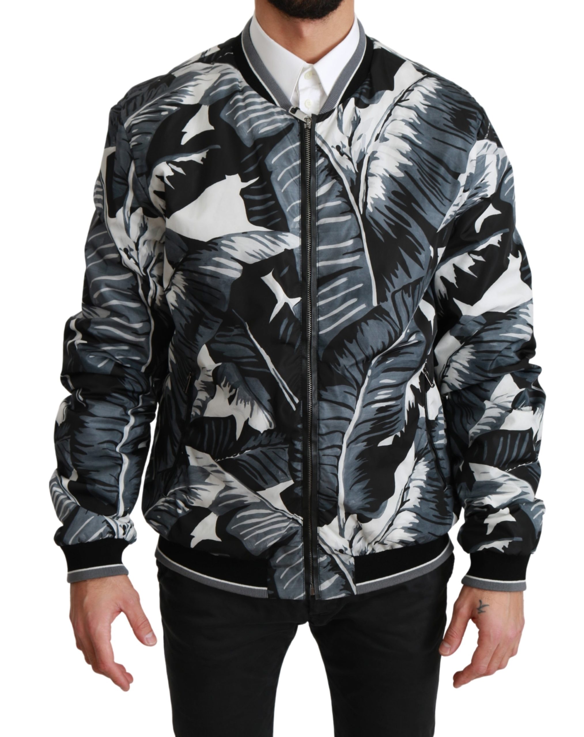 Dolce & Gabbana Men's Banana Leaf Print Bomber Nylon Jacket Black JKT2585 - IT56 | XXL