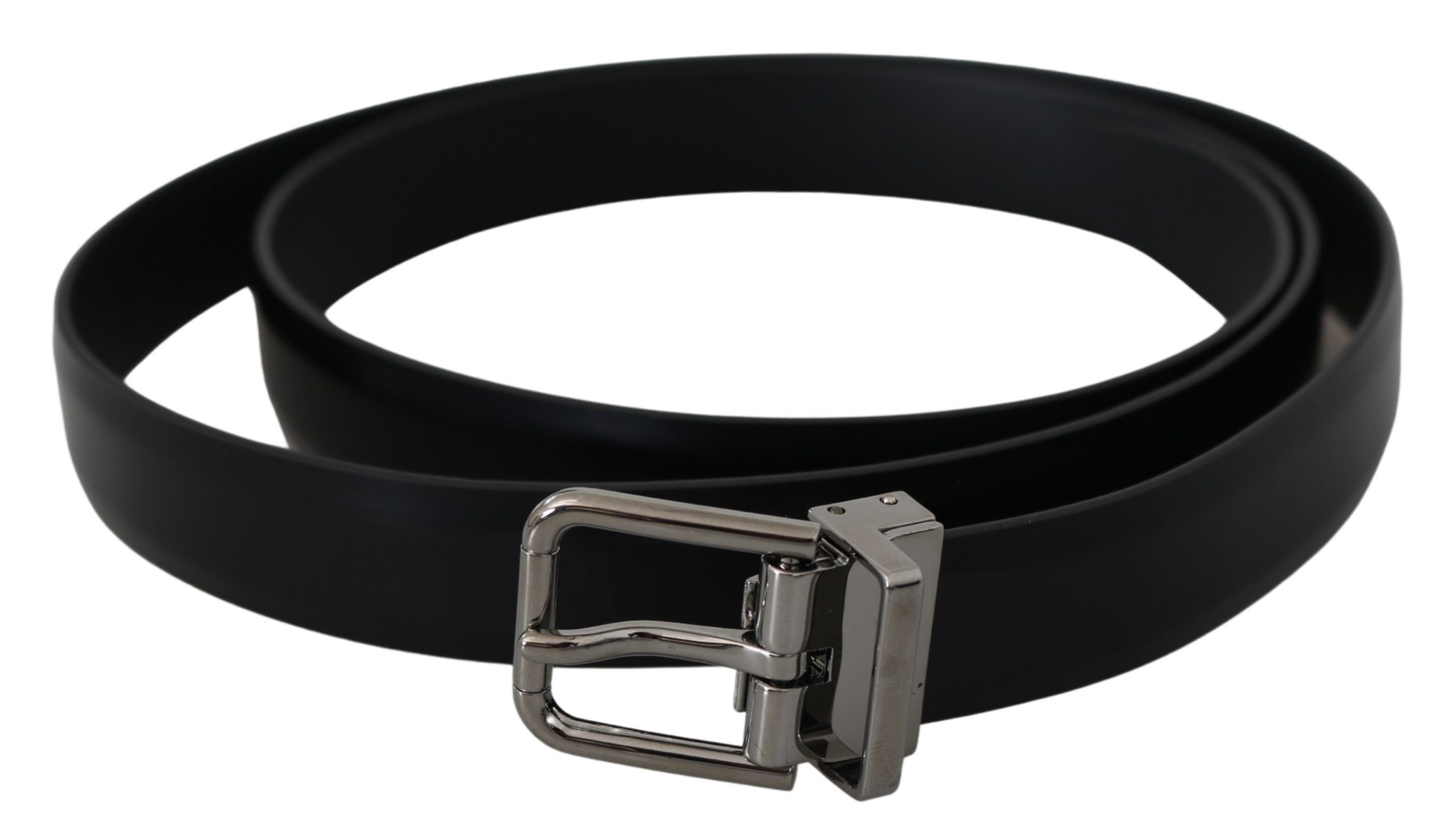 Black Solid Leather Gray Logo Buckle Belt - 115 cm / 46 Inches