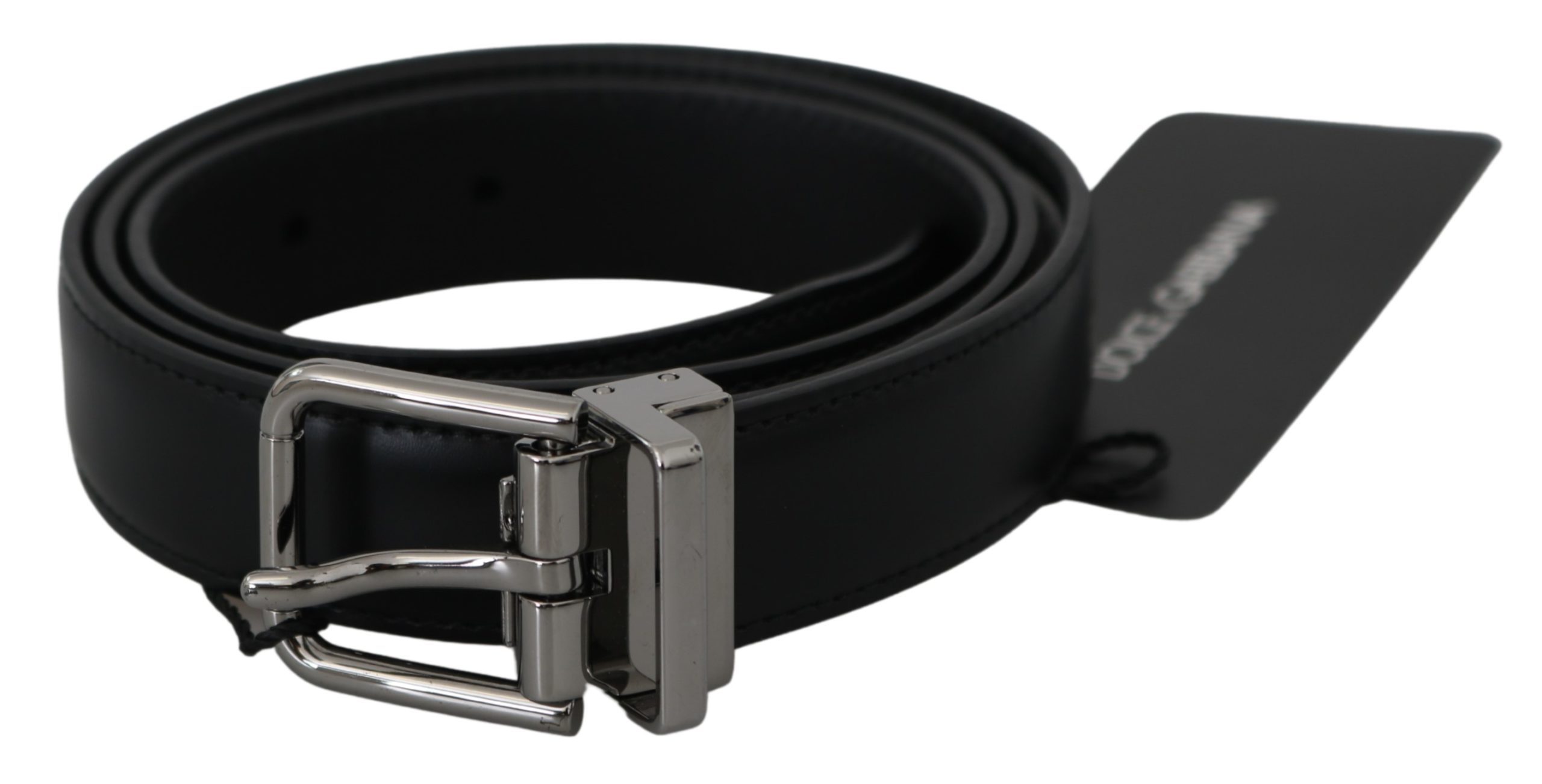 Black Solid Leather Gray Buckle Belt - 90 cm / 36 Inches