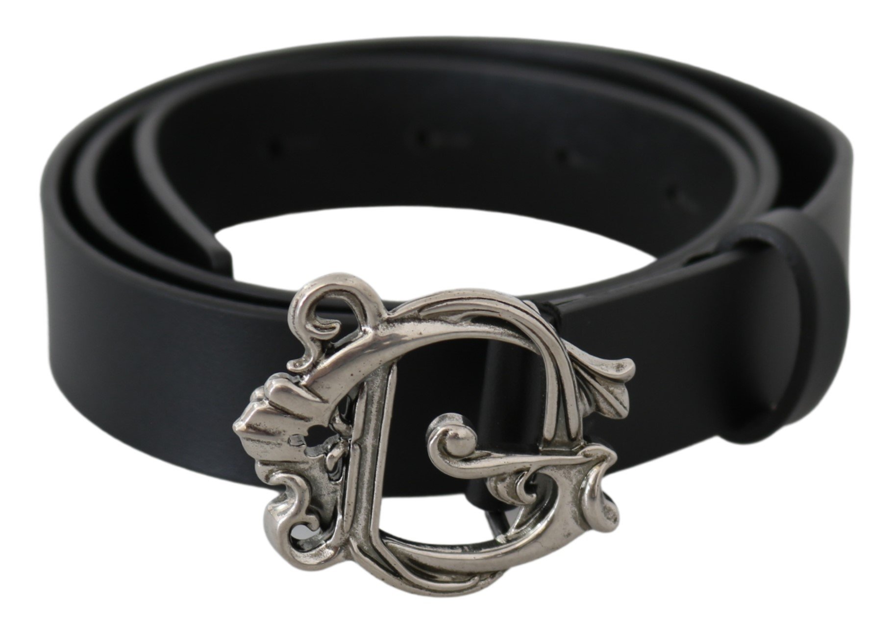 Black Leather DG Baroque Logo Buckle Belt - 90 cm / 36 Inches