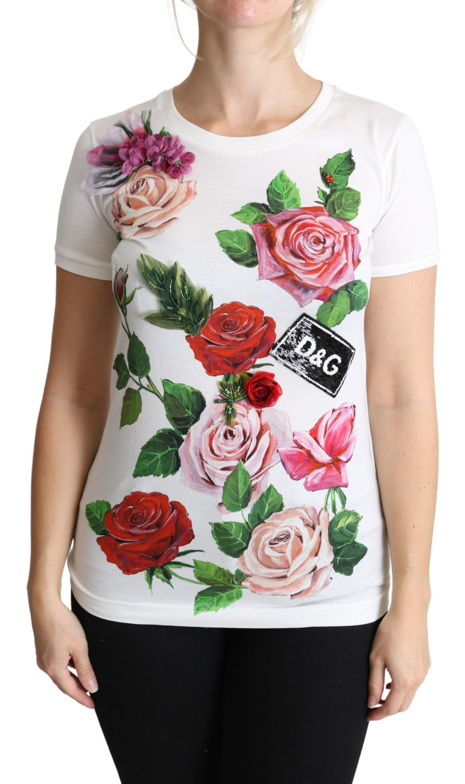 Rose Print Floral Embellished Cotton Top T-shirt - IT38|XS