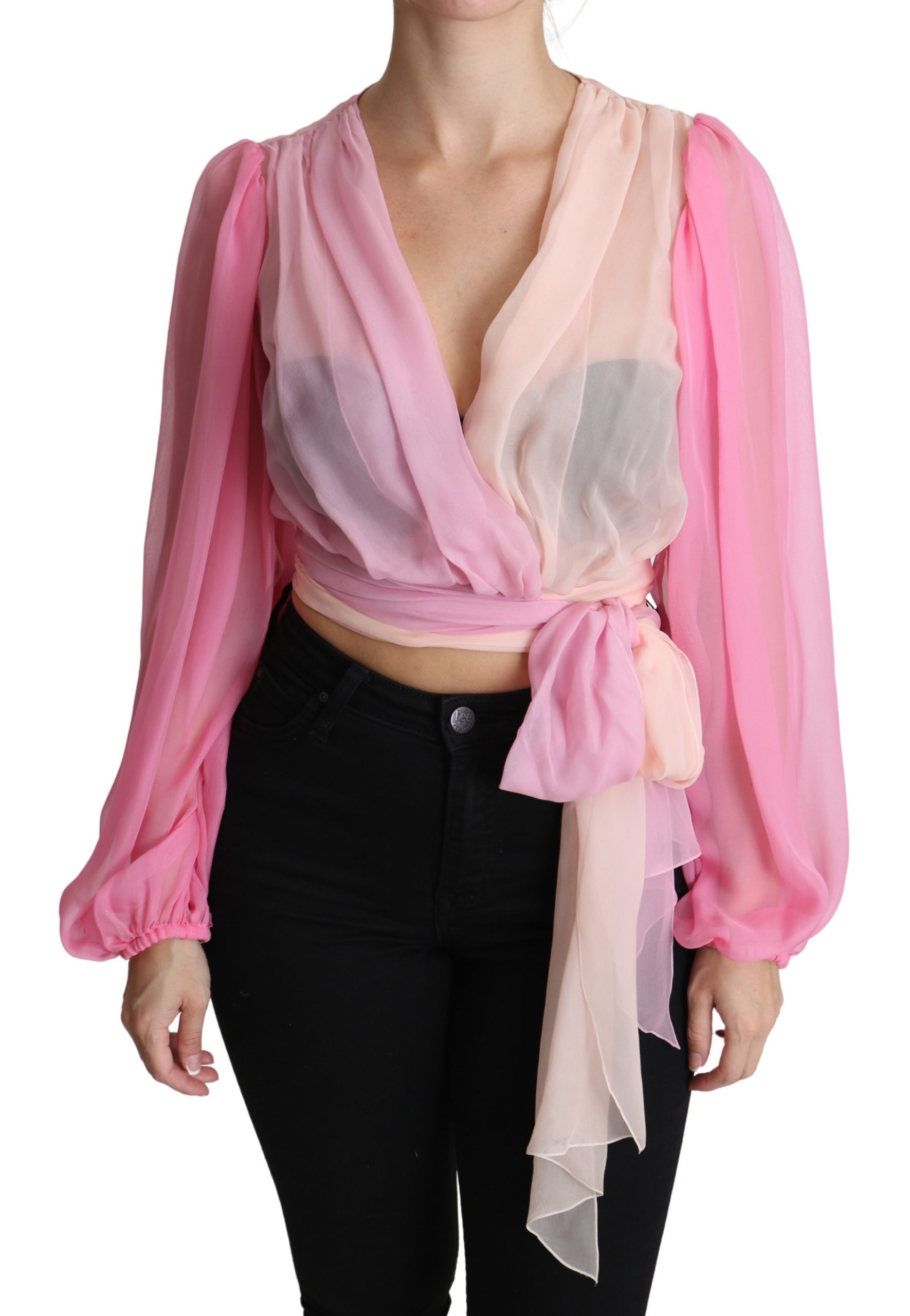 Pink Cropped Silk Organza Tie Waist Blouse - IT38 | XS
