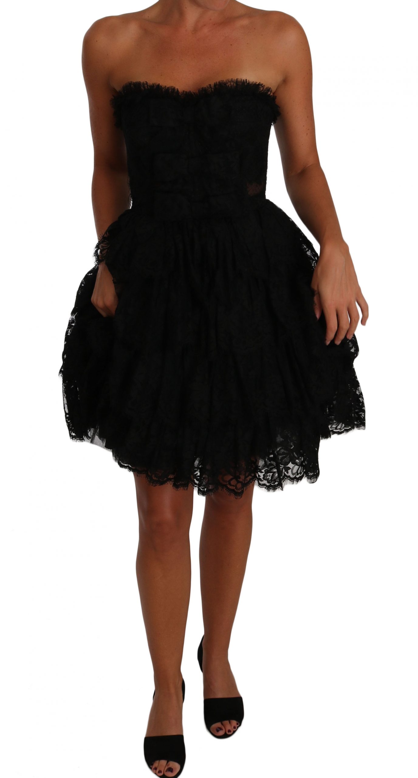 Dolce & Gabbana Women's Floral Lace Ball Mini Ruffle Dress Black DR1507 - IT38|XS