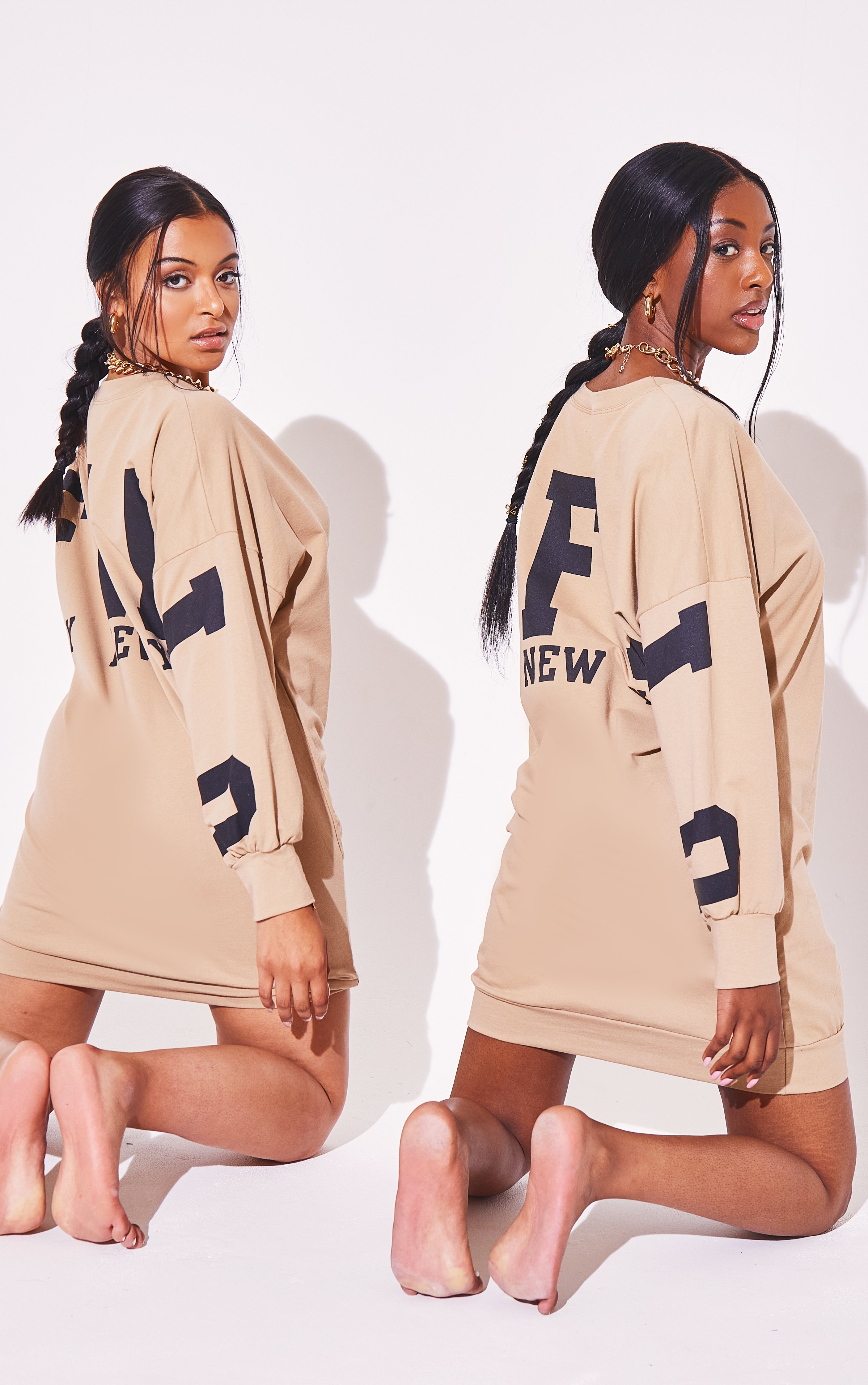 Slogan Oversized Jumper Dress - Beige / 8