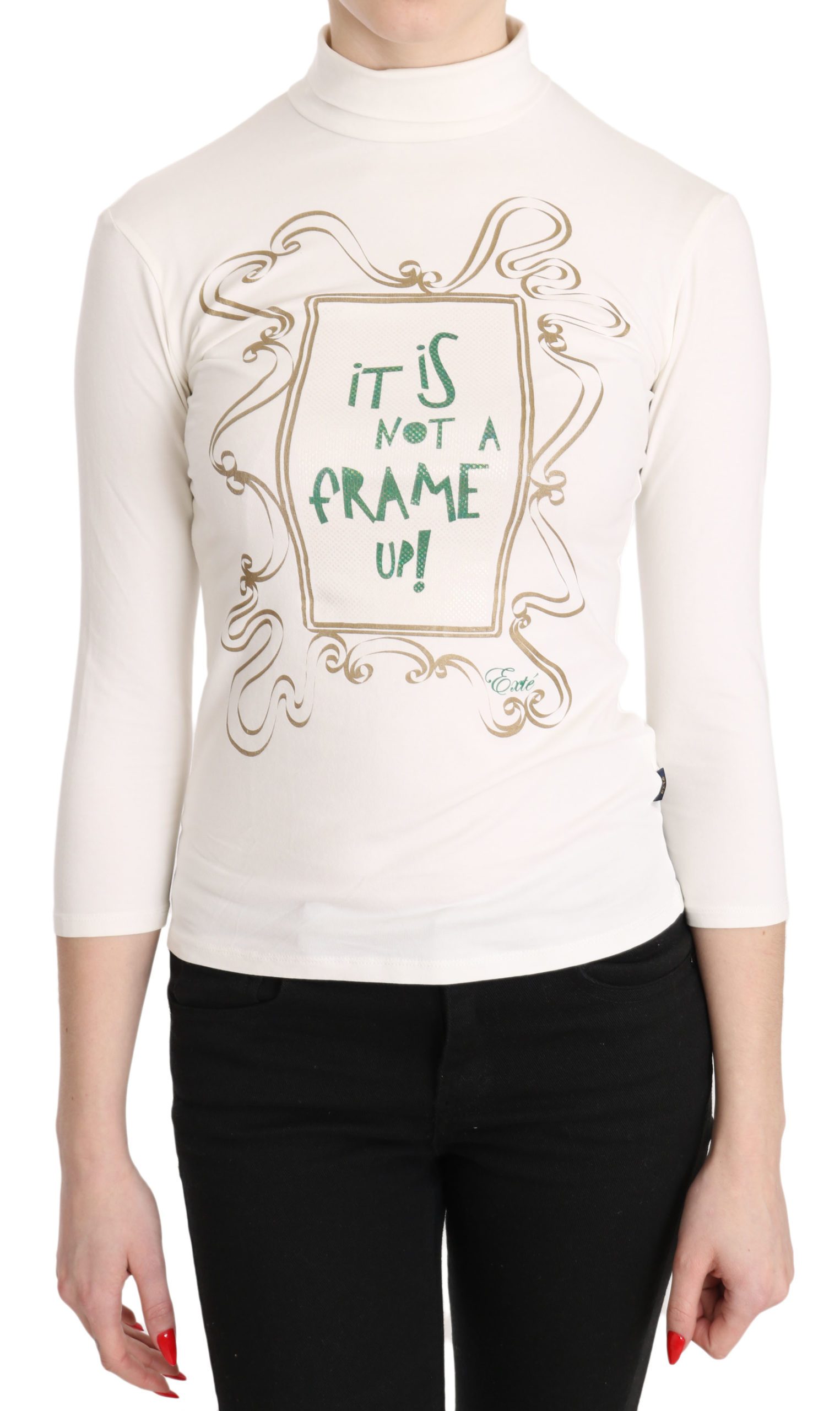 Exte Women's Printed Turtle Neck 3/4 Sleeve Casual Top White TSH3411 - IT42|M