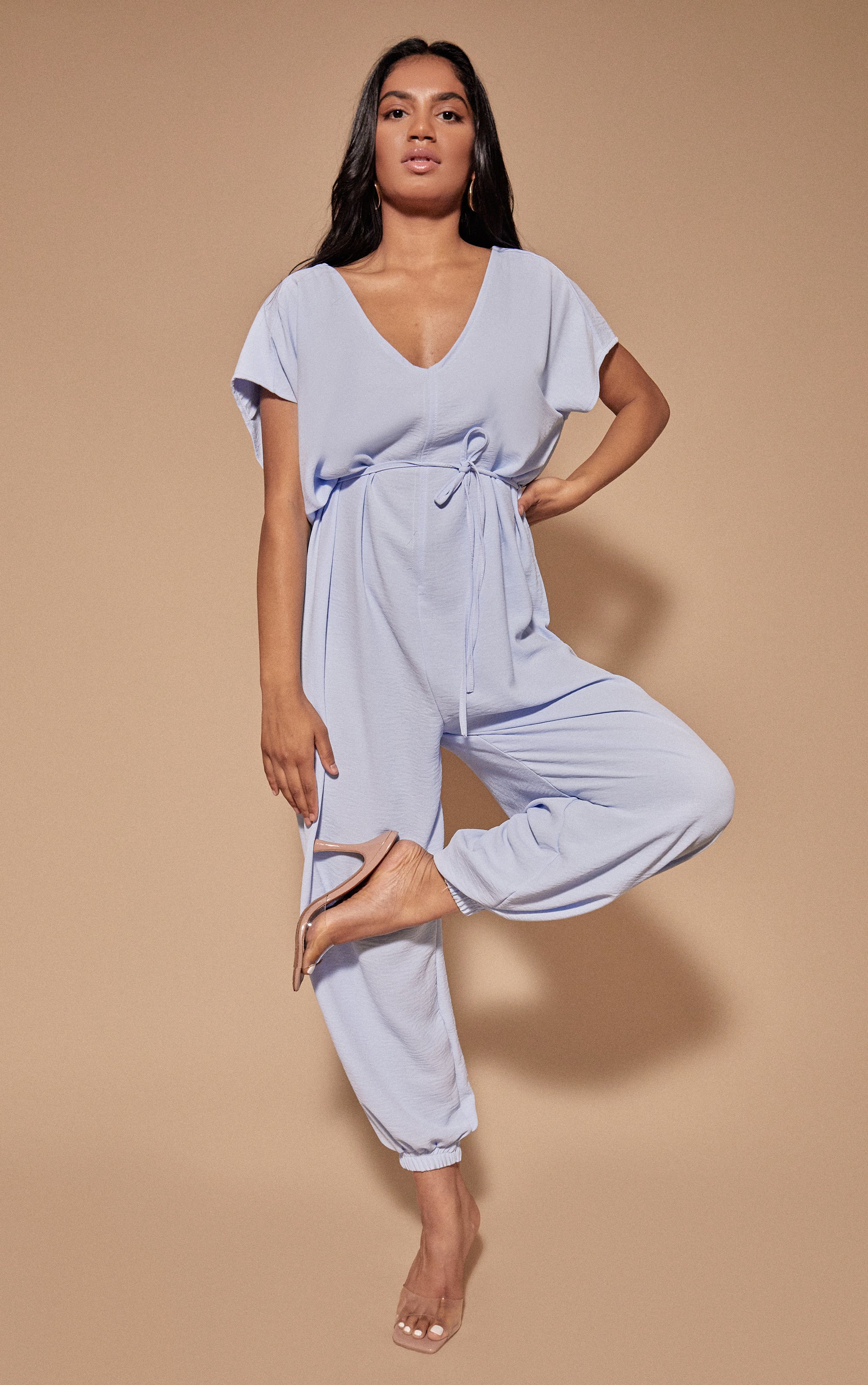 Harem Tie Waist Jumpsuit - Baby Blue / One Size (8-12)