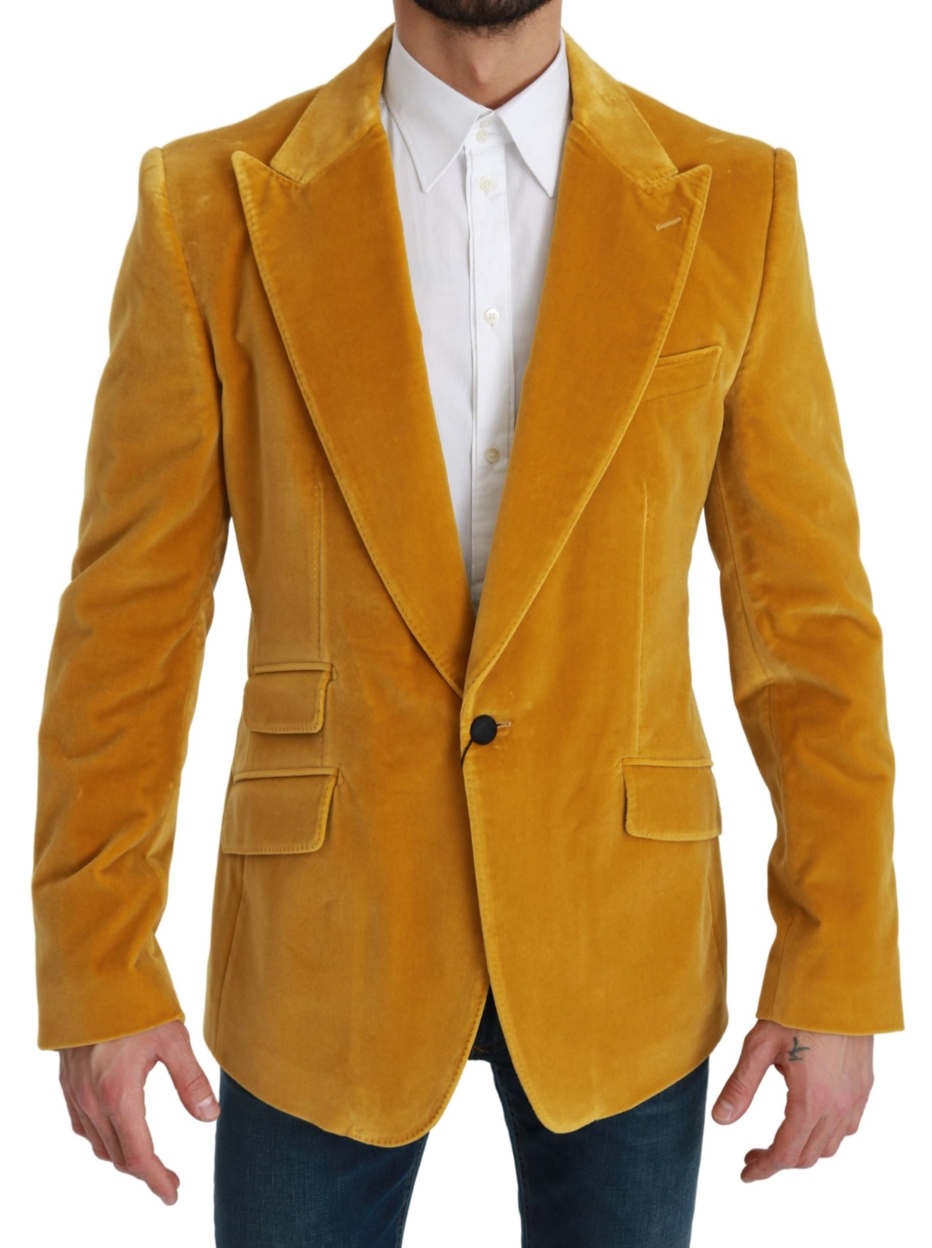 Dolce & Gabbana Men's Velvet Slim Fit Jacket SICILIA Blazer Yellow KOS1787 - IT52 | L