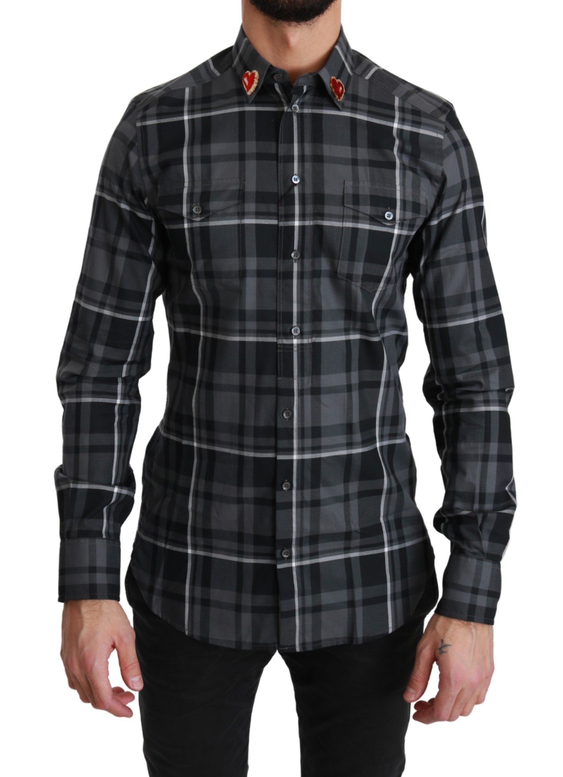 Dolce & Gabbana Men's Checkered Heart Collar MARTINI Shirt Gray TSH4482 - IT37 | XS
