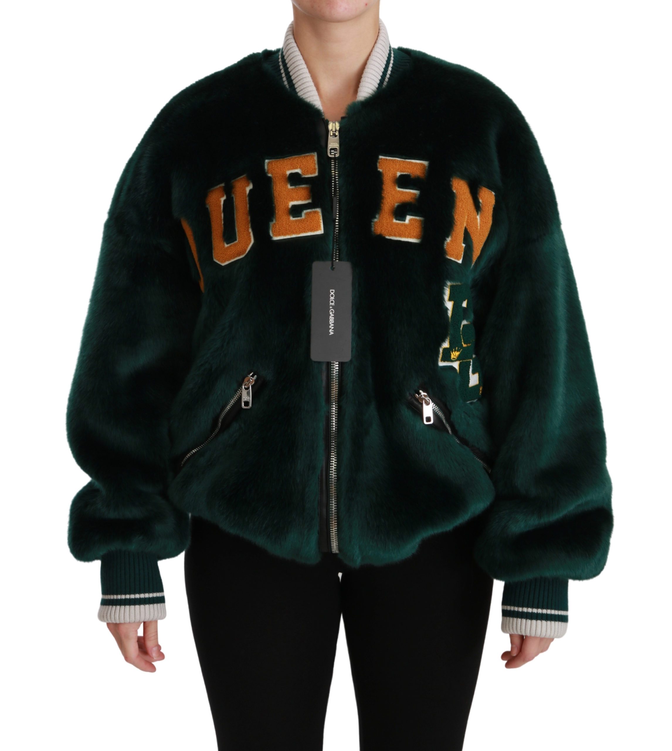 Dolce & Gabbana Women's Queen Faux Fur Bomber Jacket Green JKT2521 - IT38 | S