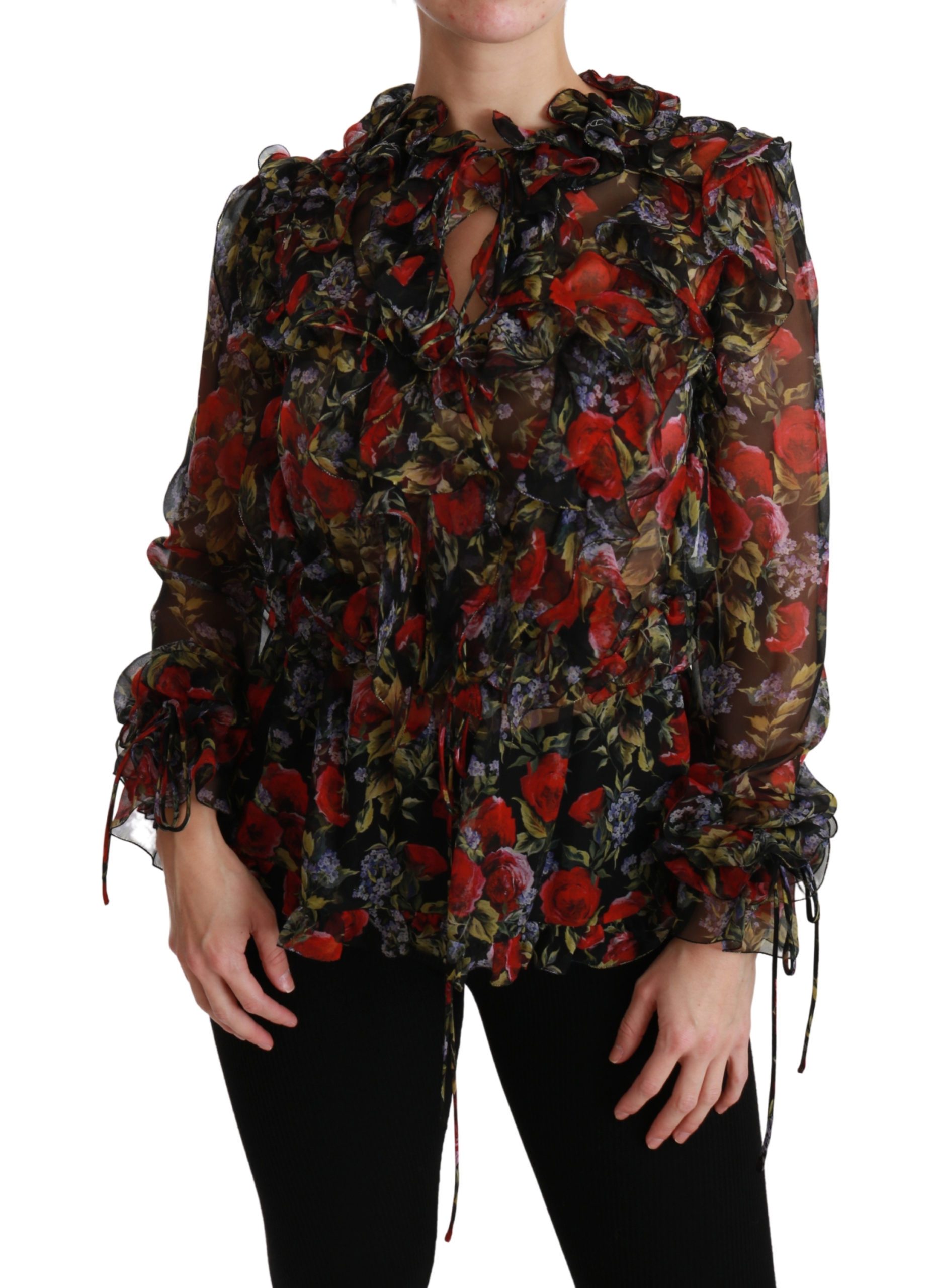Black Floral Roses Blouse Silk Top - IT36 | XS
