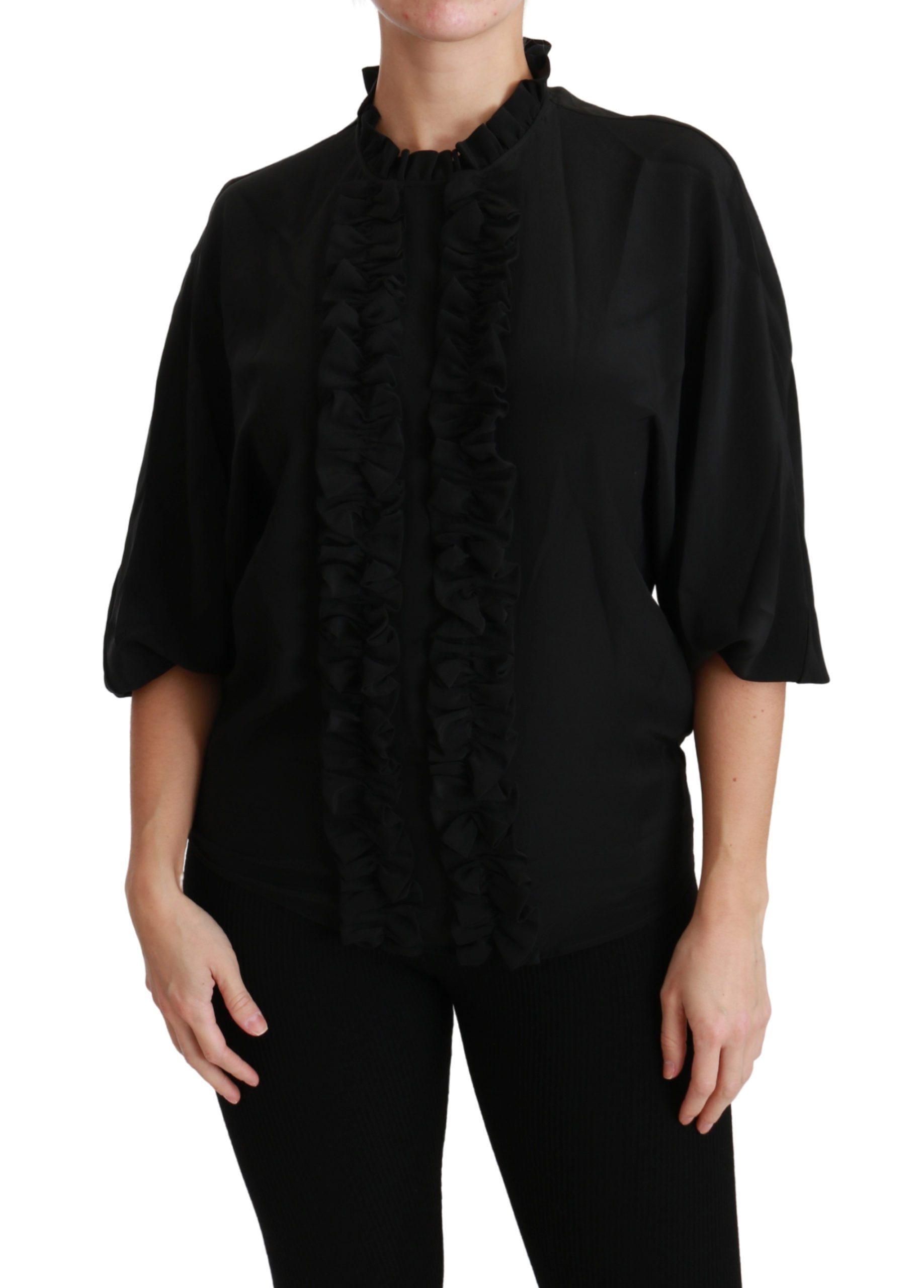Black Silk Shirt Ruffled Top Blouse - IT36 | XS