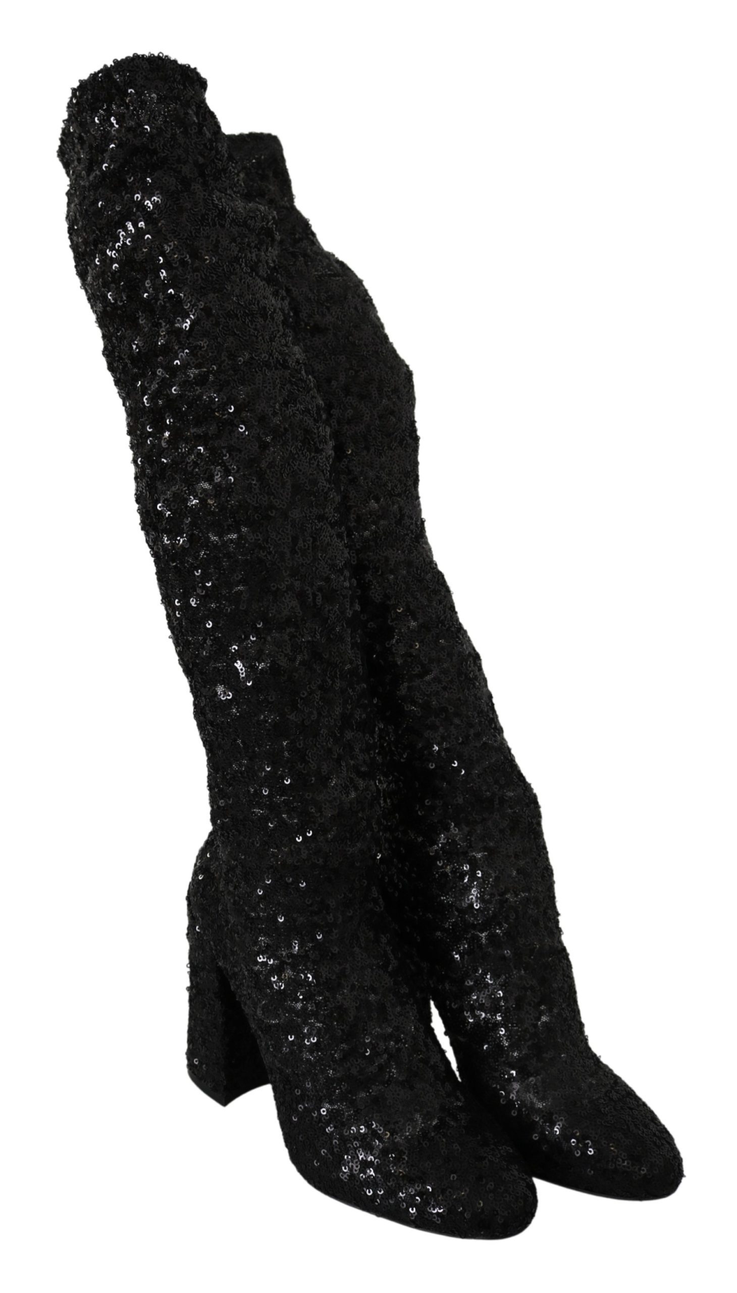 Black Sequined Stretch Knee High Boots Shoes - EU40/US9.5