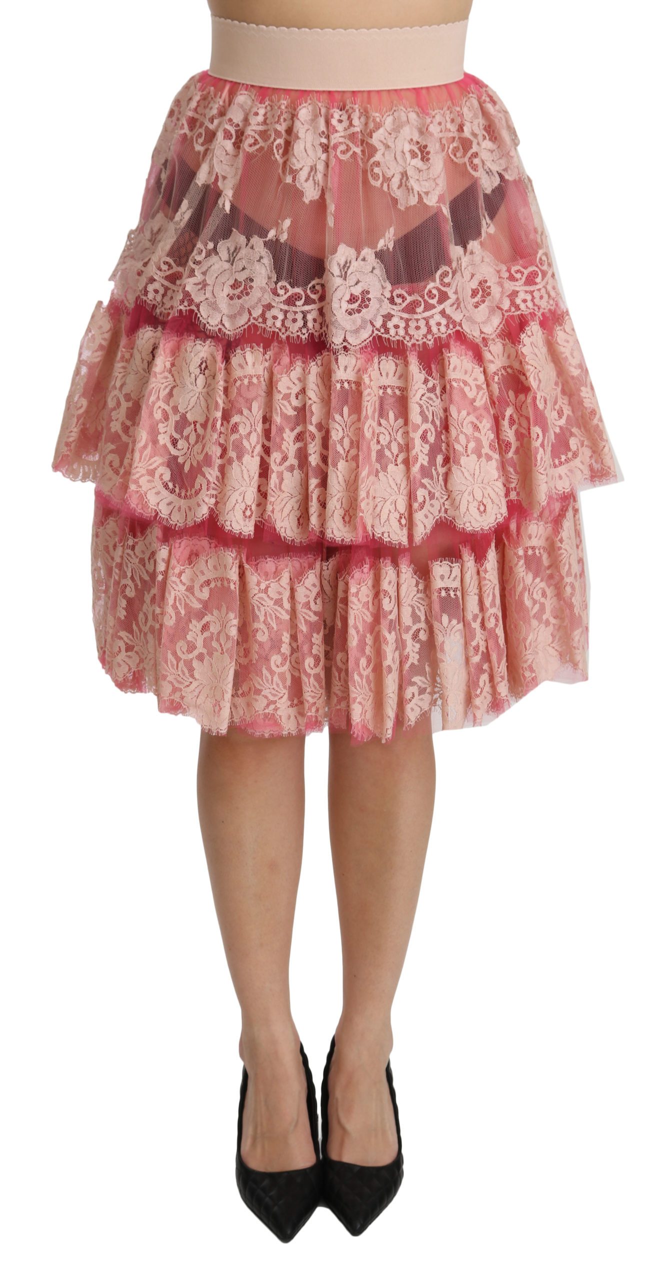 Dolce & Gabbana Women's Lace Layered High Waist Skirt Pink SKI1346 - IT40|S