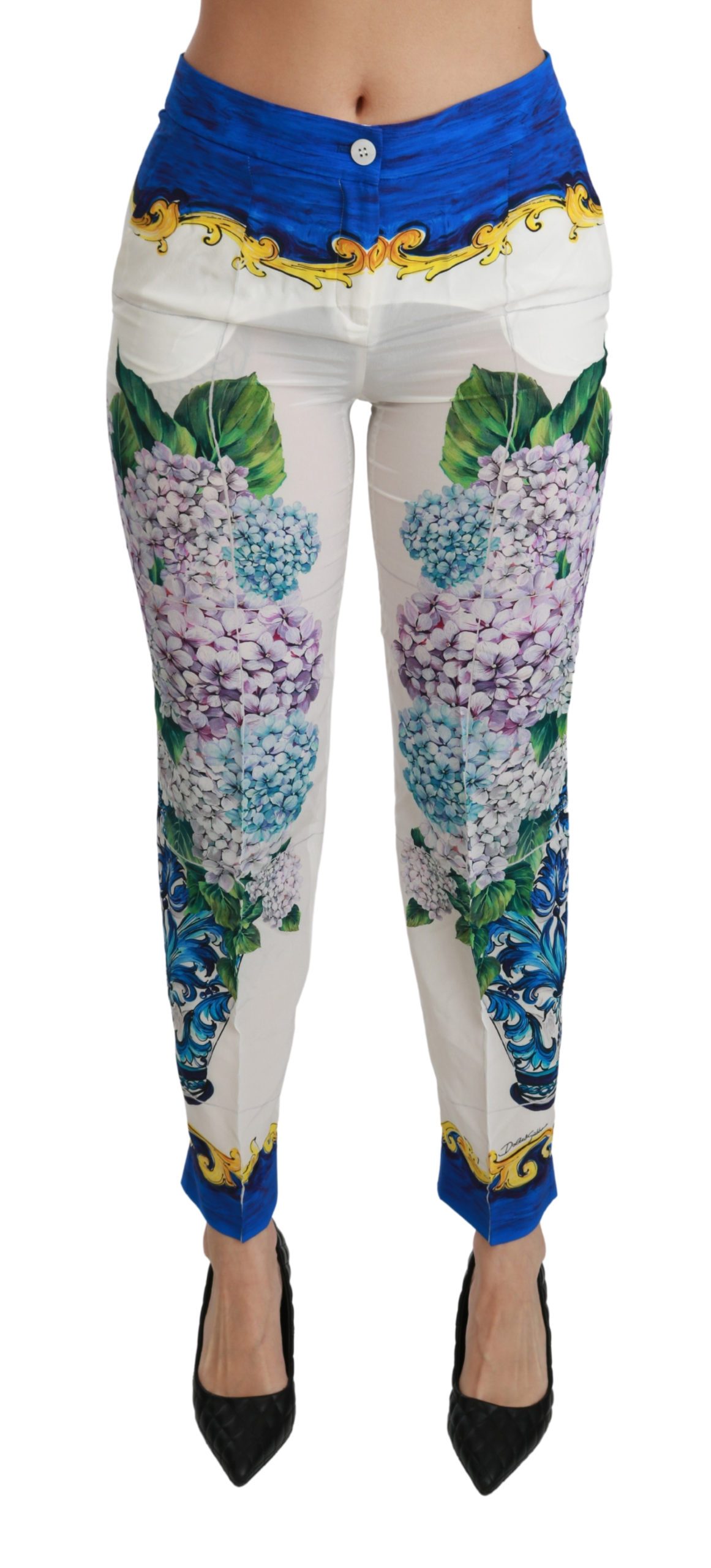 Dolce & Gabbana Women's Hydrangea Straight Mid Waist Silk Trouser White PAN70889 - IT40|S