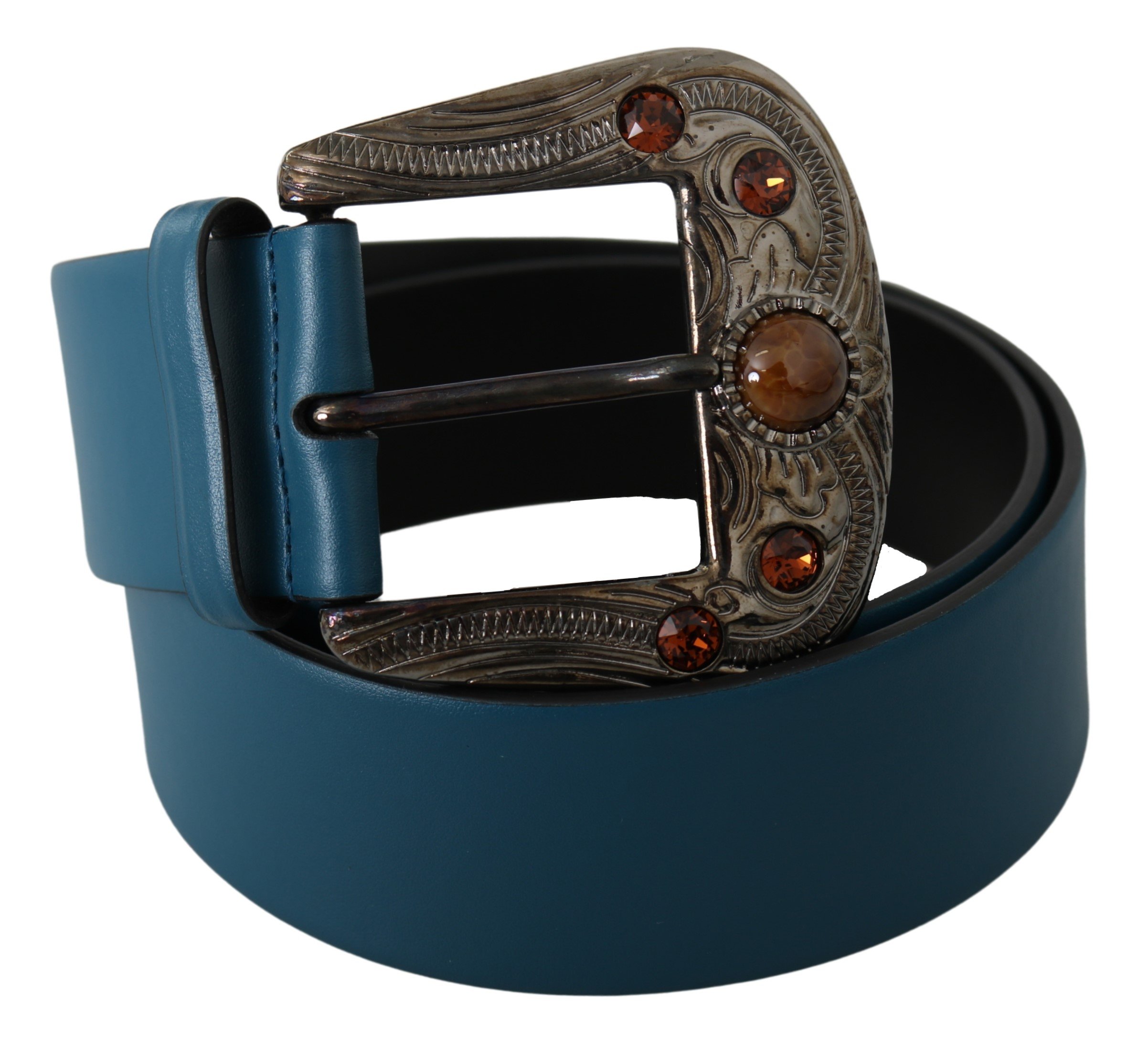 Blue Leather Orange Crystal Baroque Buckle Belt - 90 cm / 36 Inches