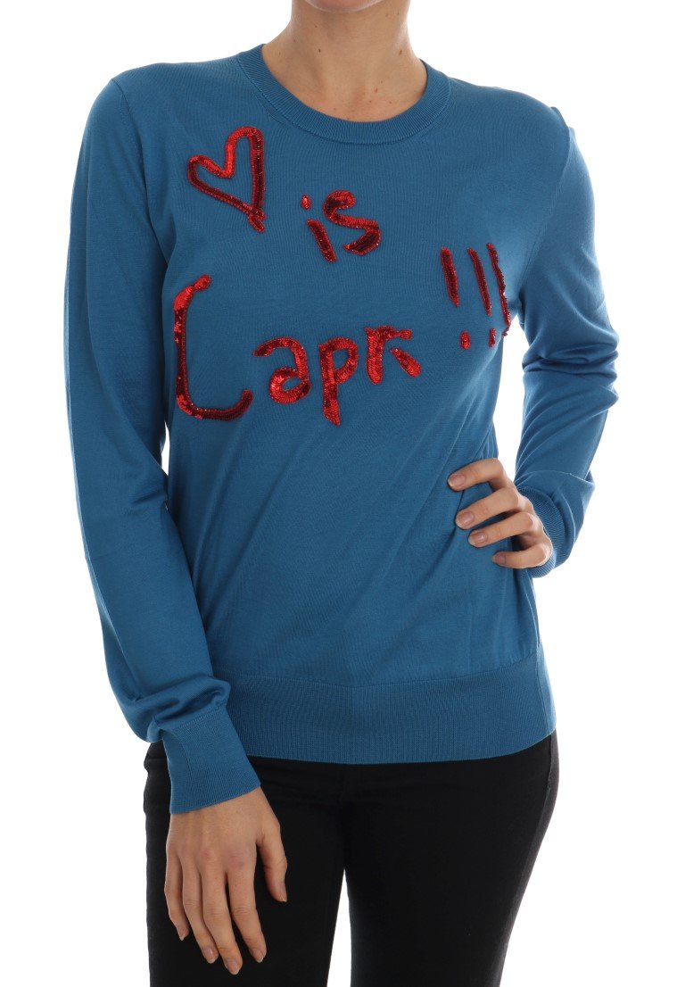 Dolce & Gabbana Women's Silk Love is Pullover Sweater Blue TSH1749 - IT48 | XL
