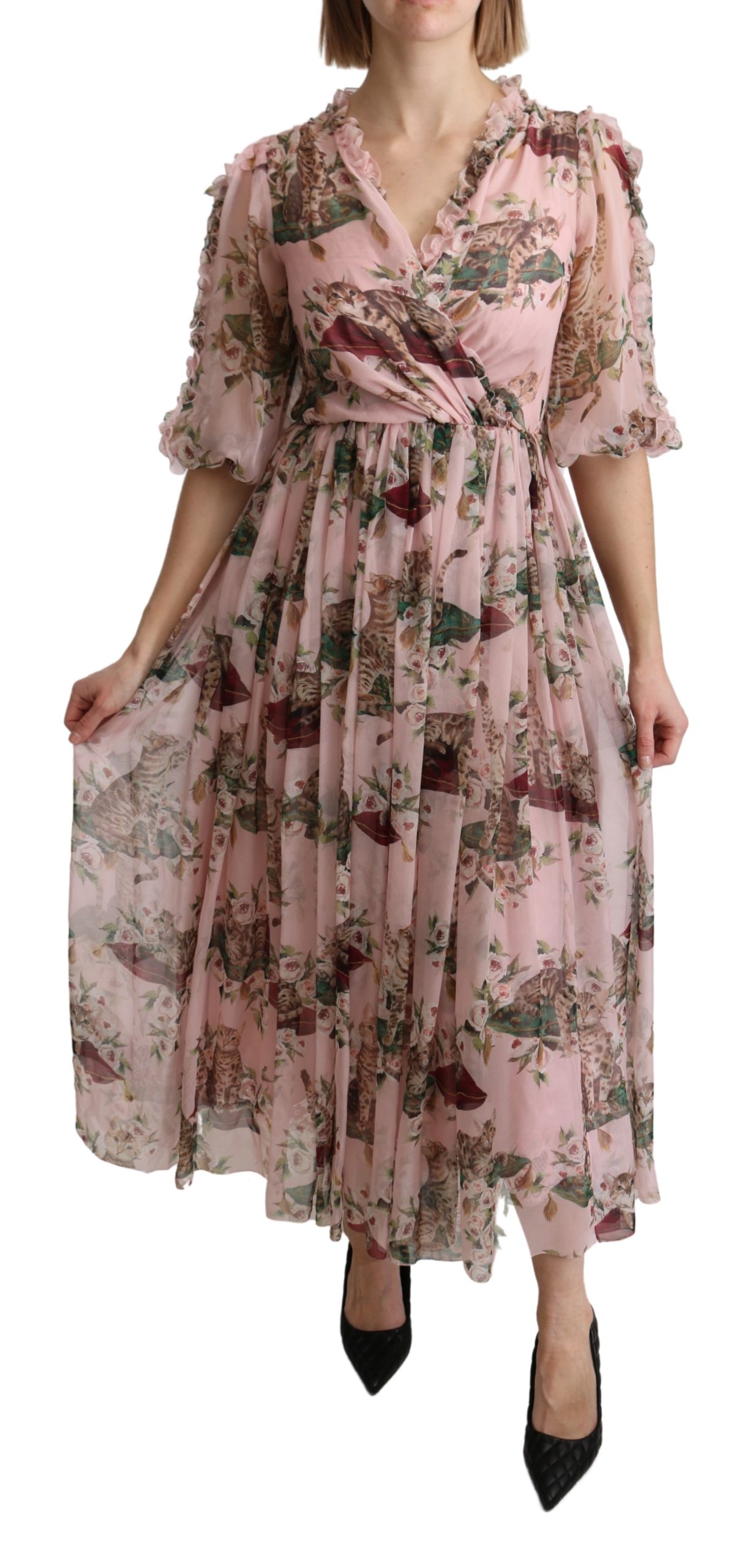 Dolce & Gabbana Women's Bengal Cat Print A-line Silk Dress Pink DR2604 - IT38|XS