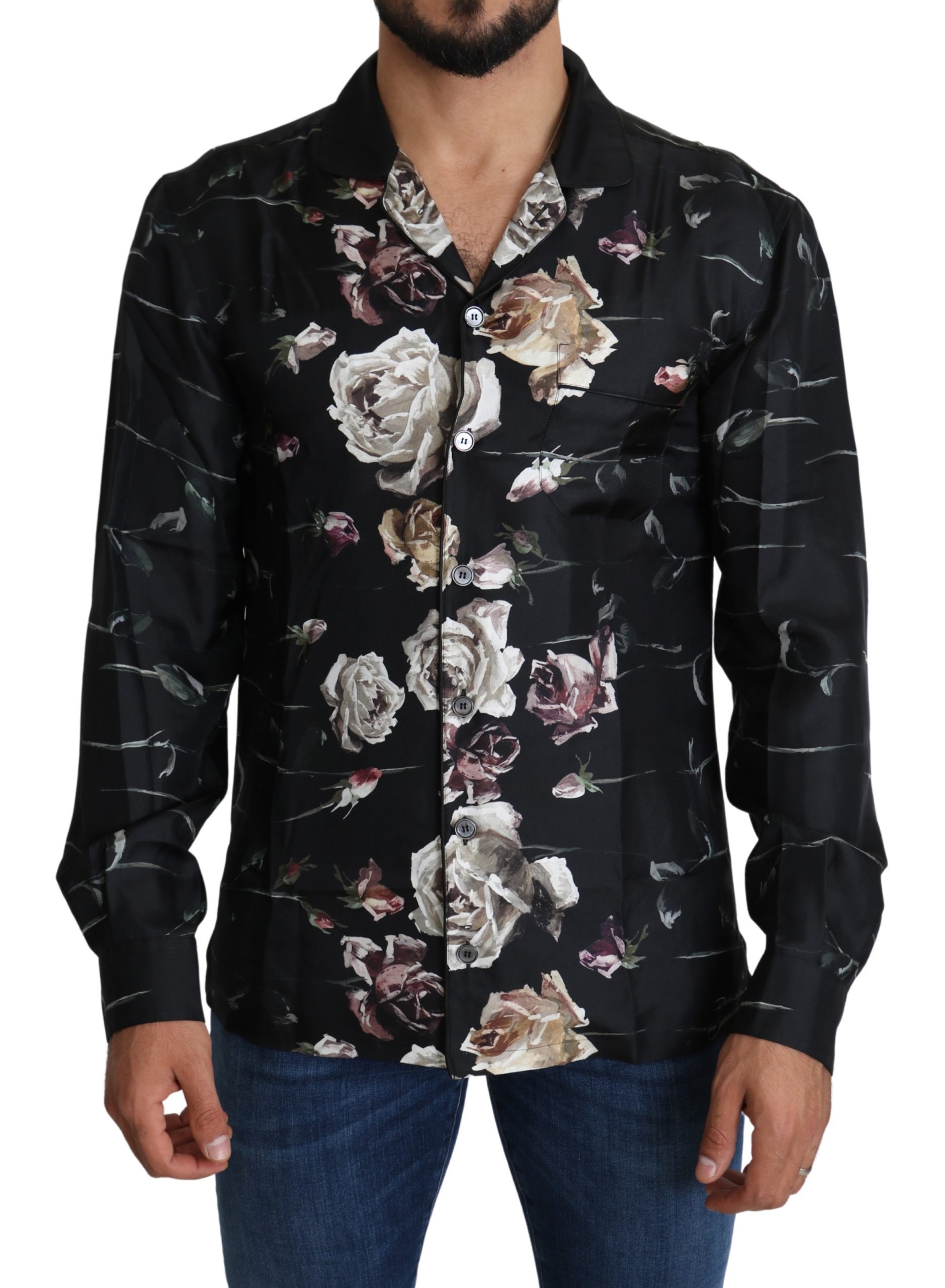 Black Floral Mens Casual 100% Silk Shirt - IT39 | S
