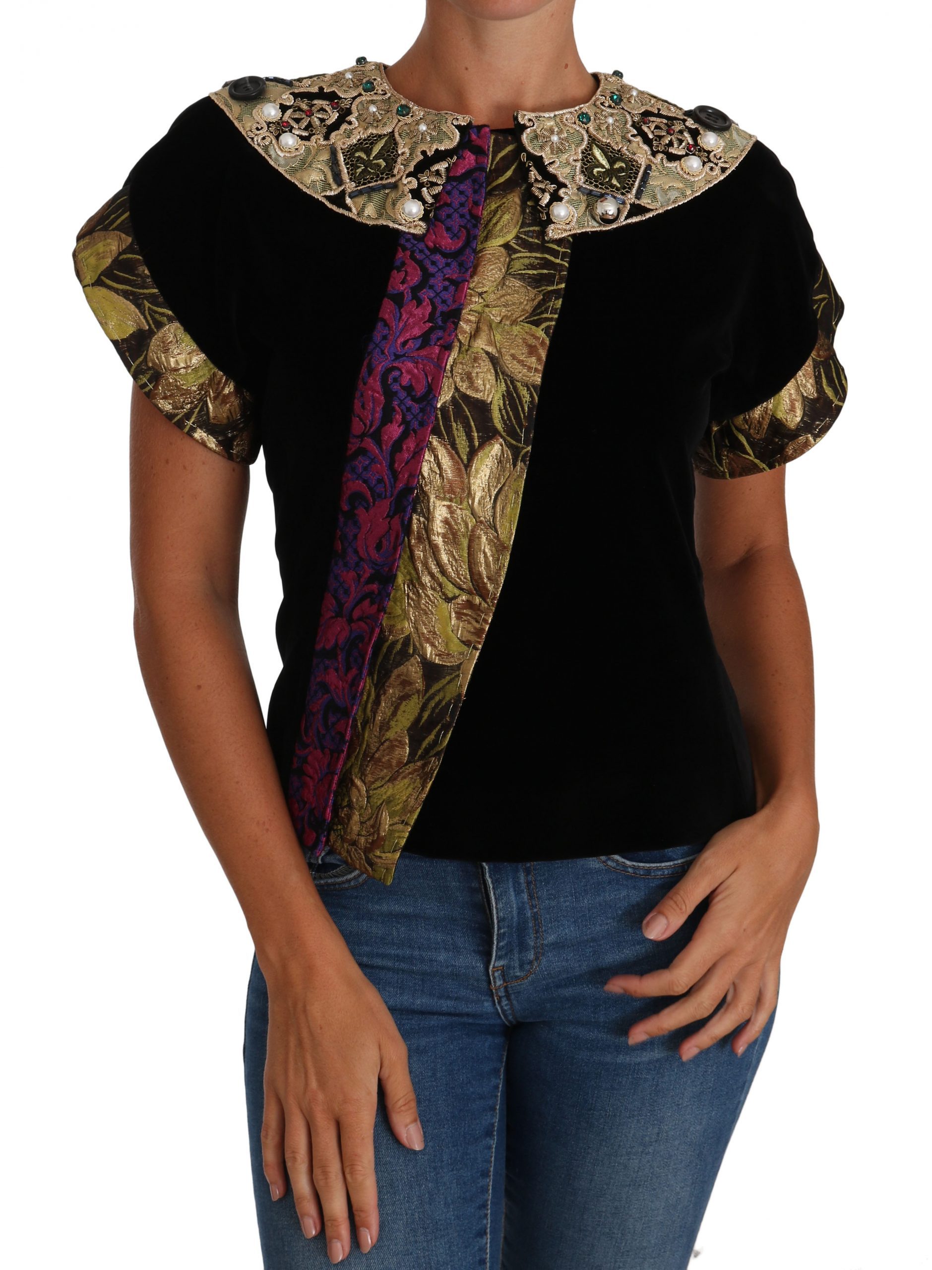 Black Gold Embellished Jaquard Velvet Jacket - IT40|S