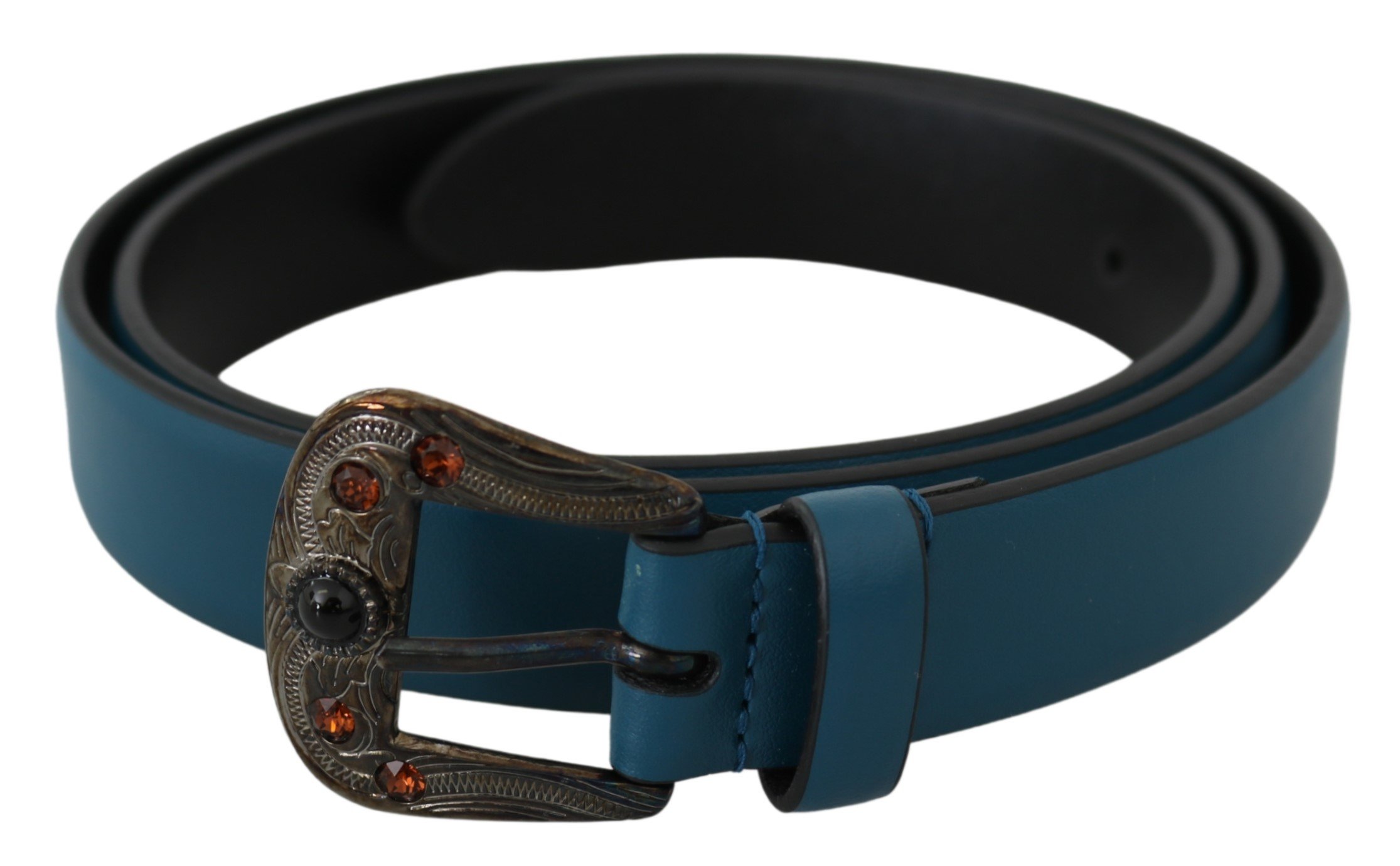Blue Leather Amber Crystal Baroque Buckle Belt - 90 cm / 36 Inches