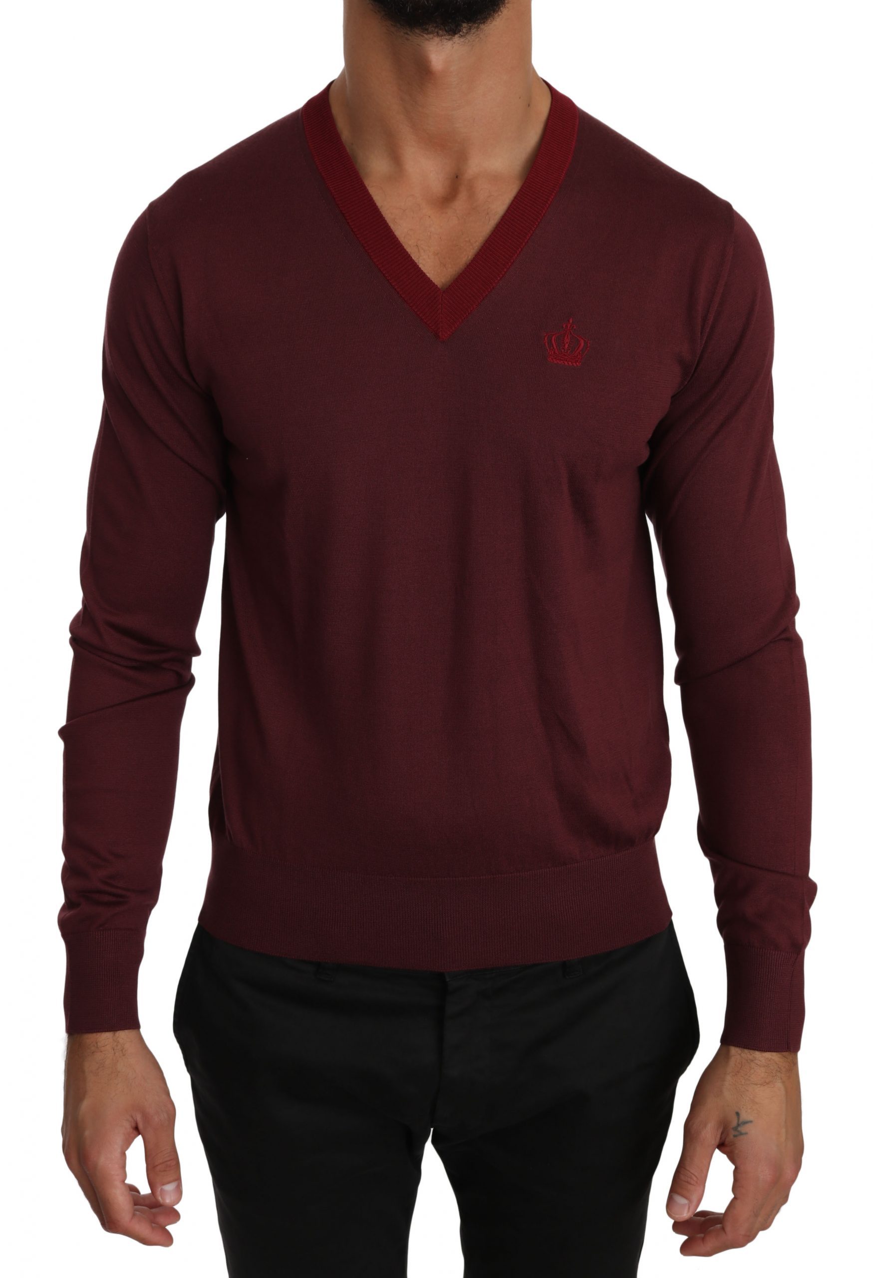Bordeaux 100% Silk V-neck Crown Sweater - IT54 | XXL