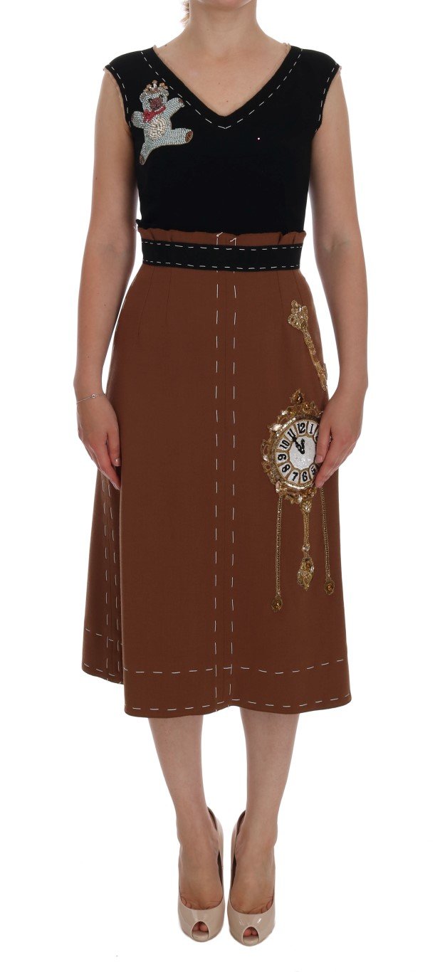 Dolce & Gabbana Women's Crystal Bear Key Clock Wool Dress Brown DR1054 - IT38|XS