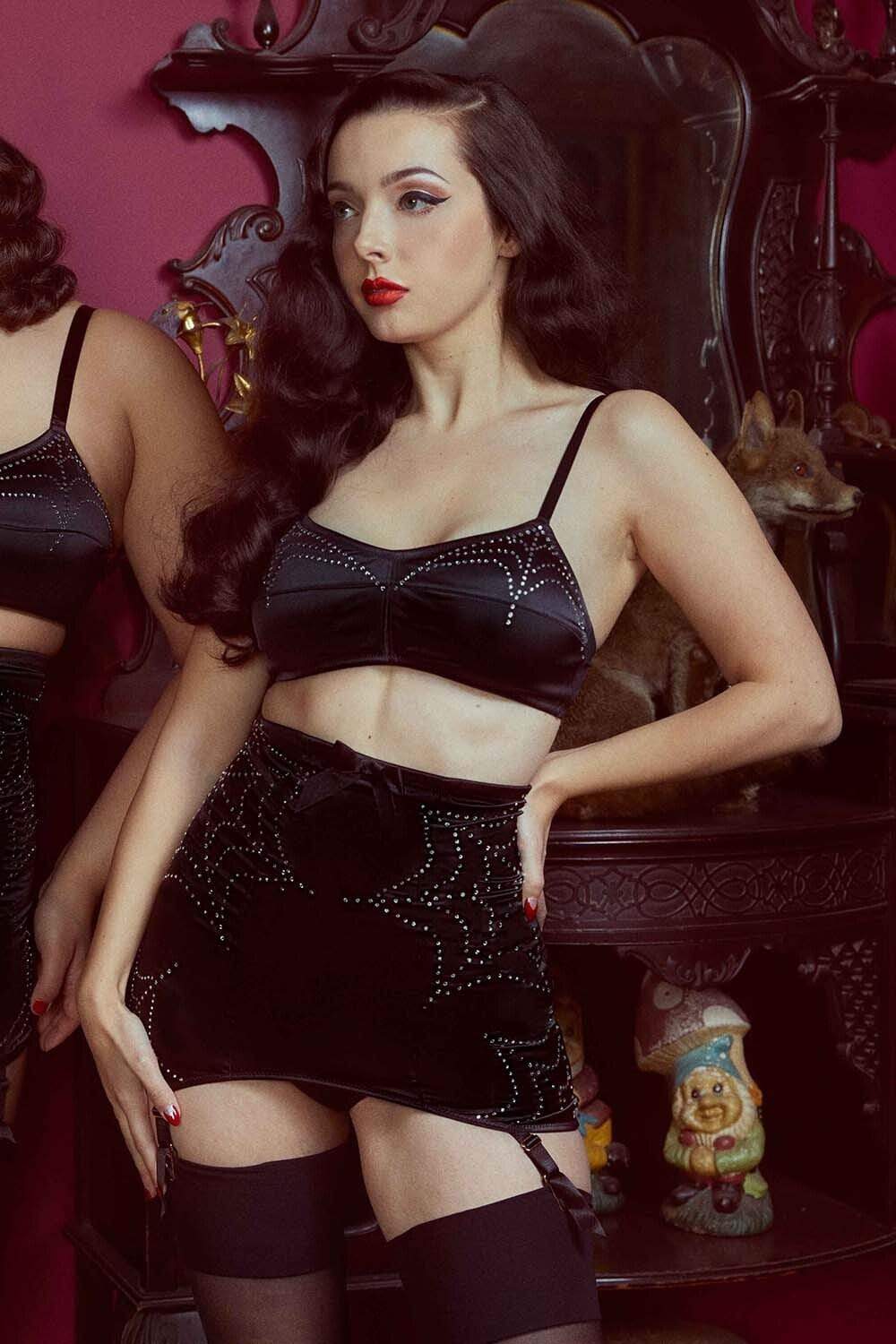 Bettie Page Annabelle Diamante Spiderweb Girdle Black UK 10 / US 6