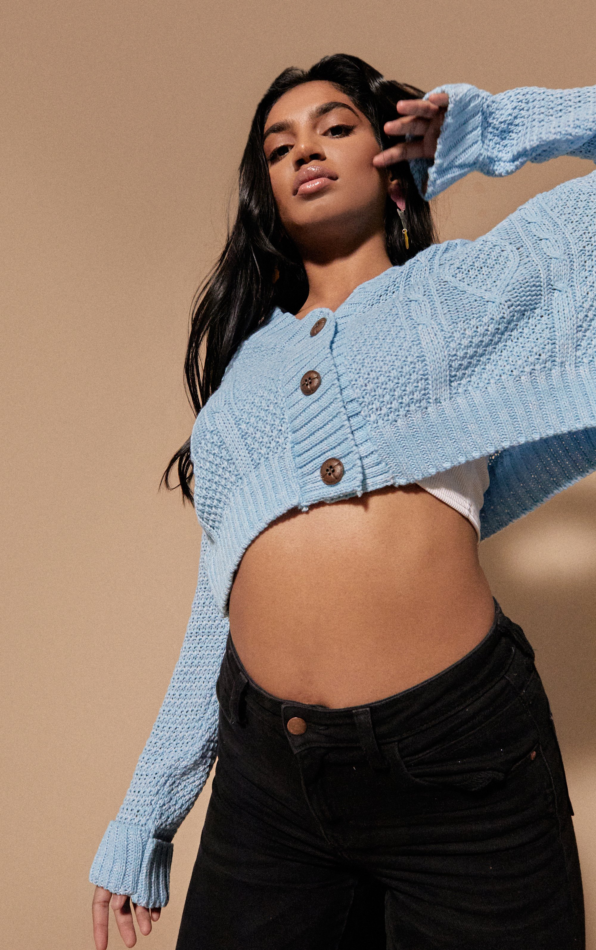 Cable Cropped Button Up Cardigan - Blue / 8/10
