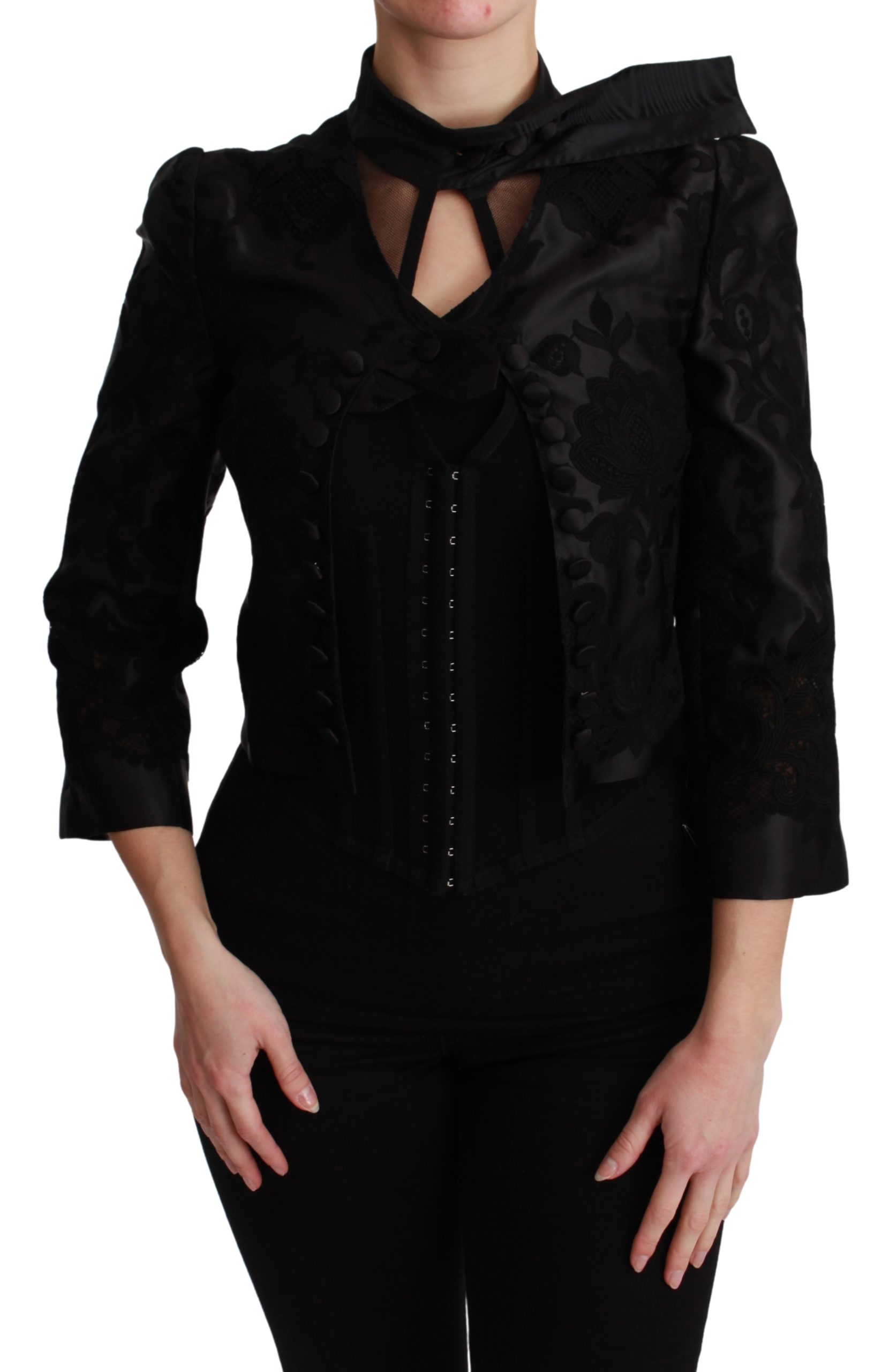 Black Floral Jacquard Blazer Silk Jacket - IT38|XS