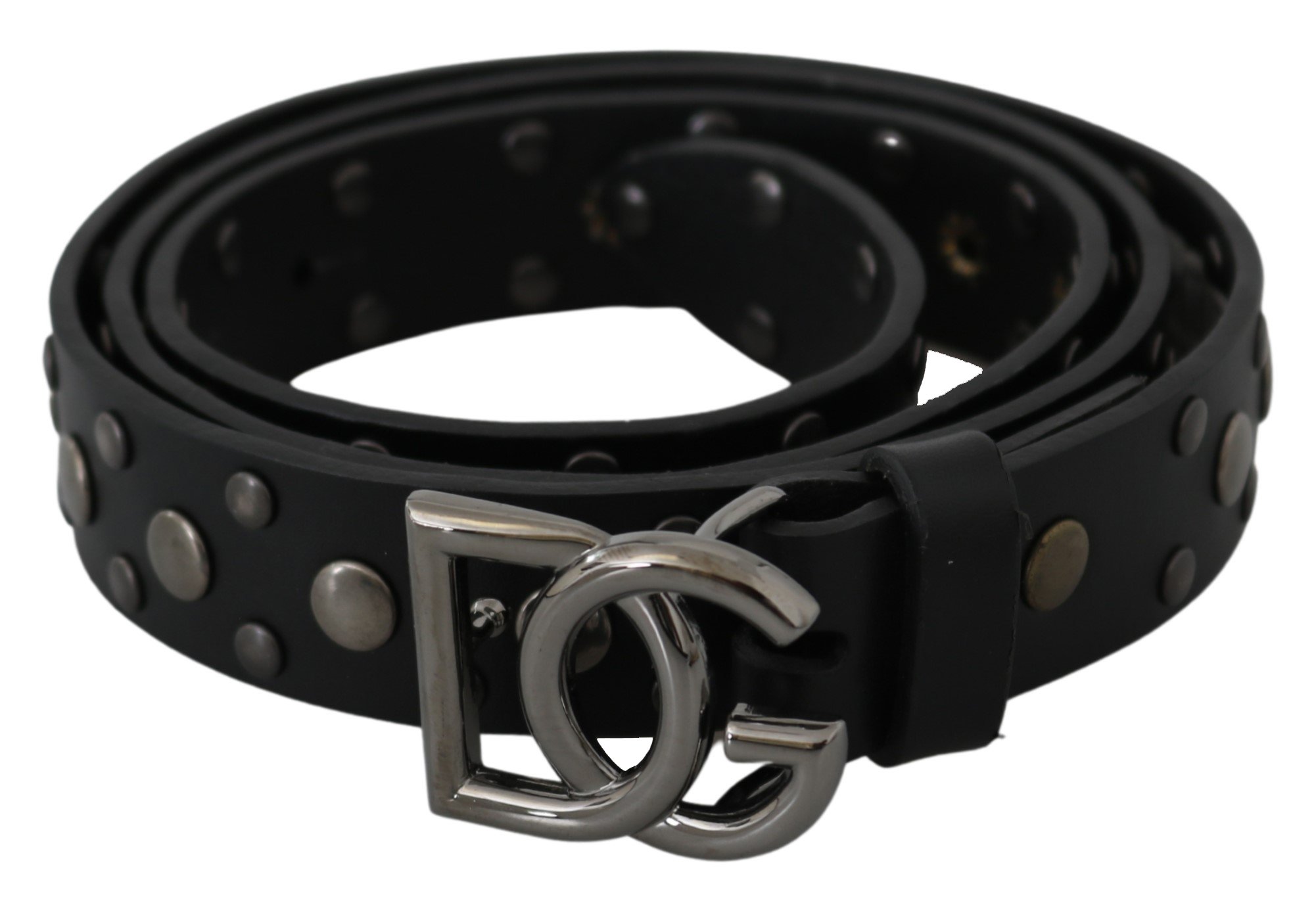 Black Leather Studded DG Silver Buckle Belt - 90 cm / 36 Inches