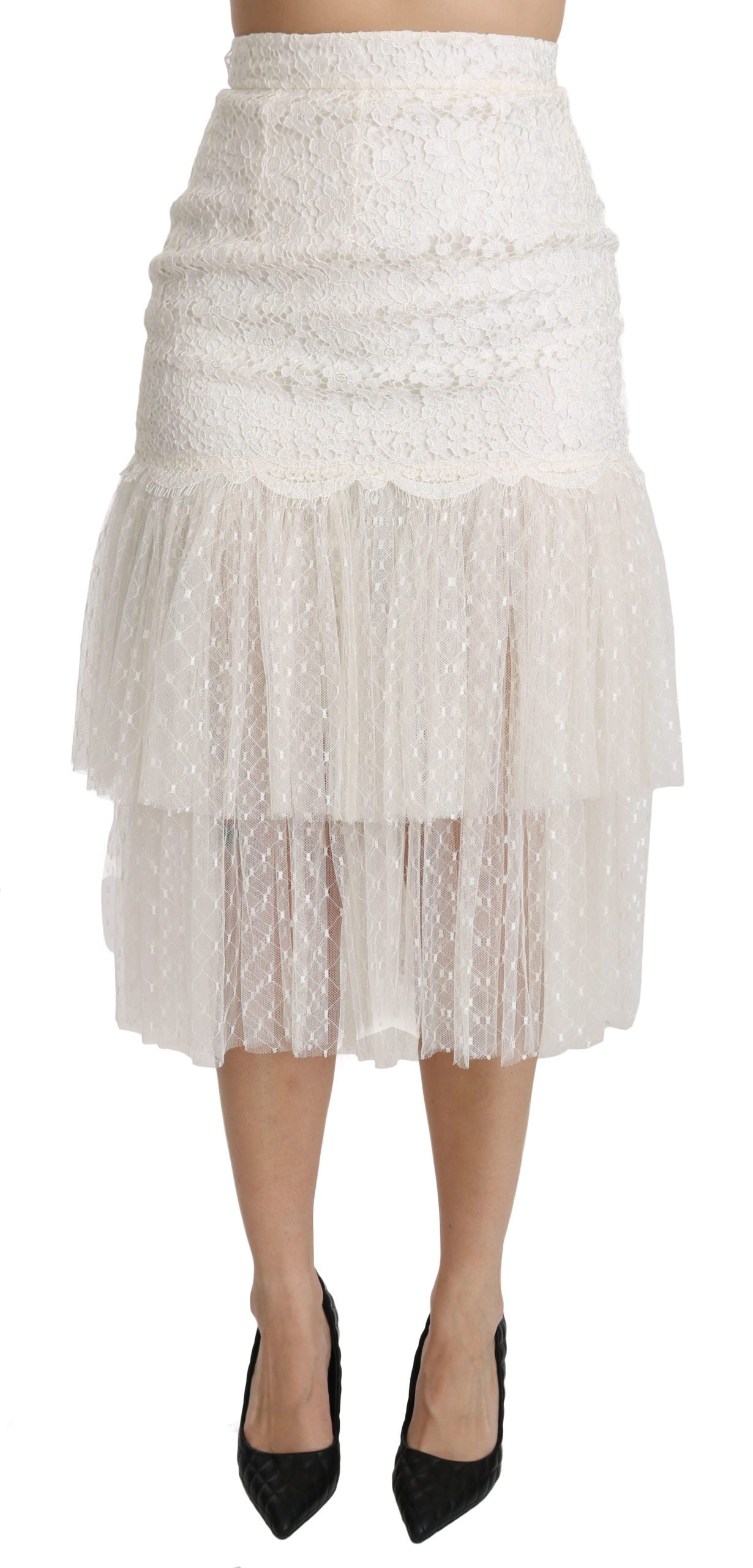 Dolce & Gabbana Women's Lace Layered High Waist Midi Cotton Skirt White SKI1344 - IT40|S