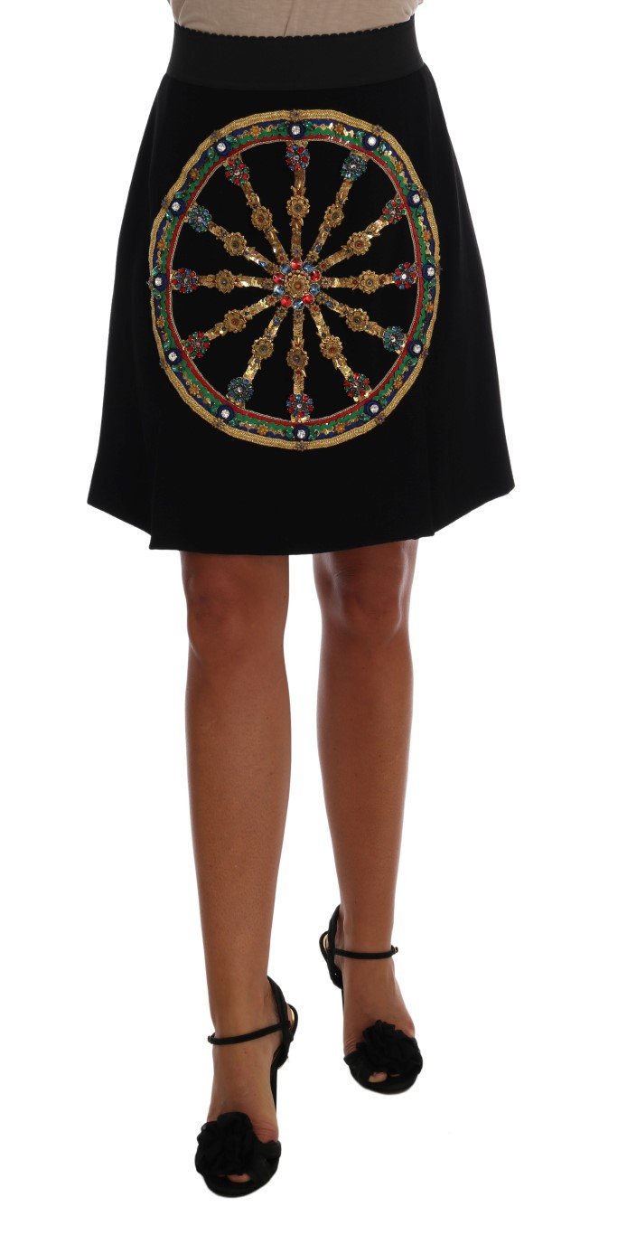 Dolce & Gabbana Women's Embellished Wheel Wool Skirt Black SKI1052 - IT46|XL