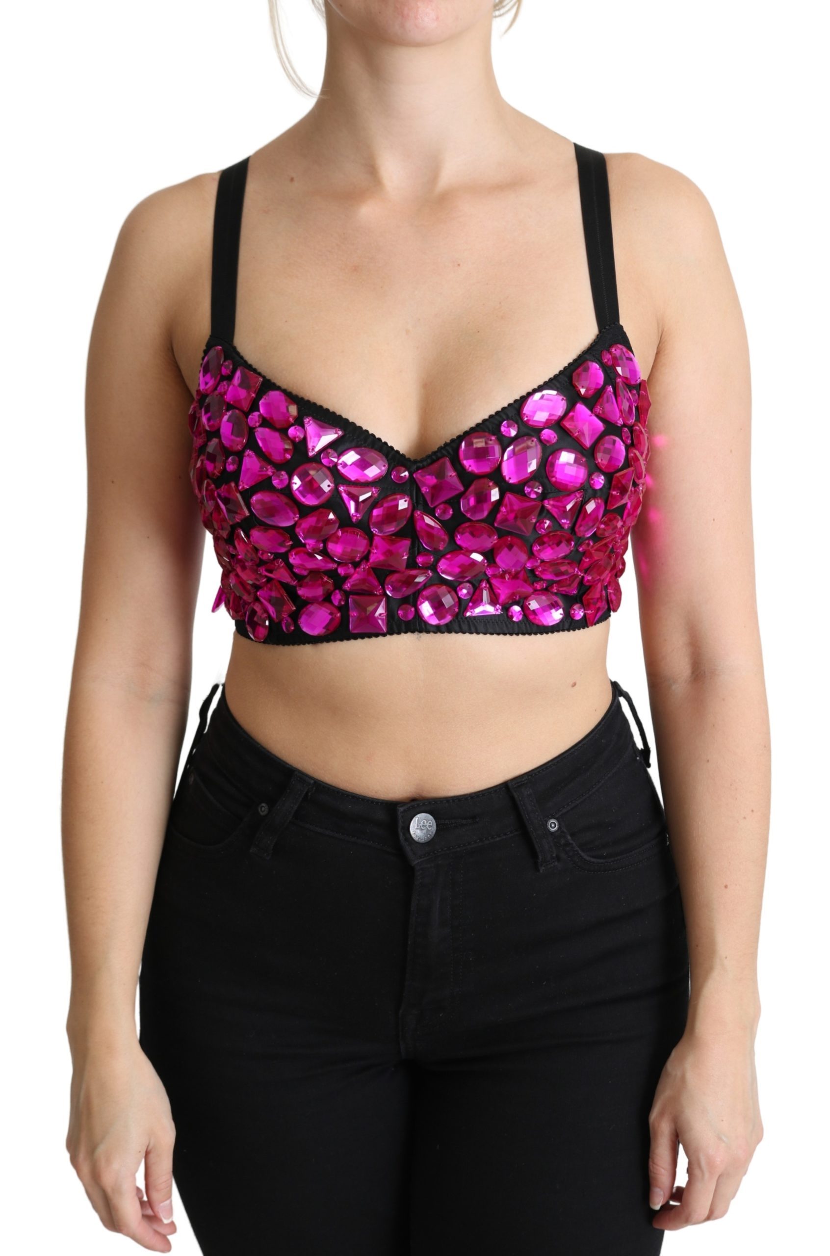 Black Bustier Fuchsia Crystal-Embellished Cropped Top - IT40|S