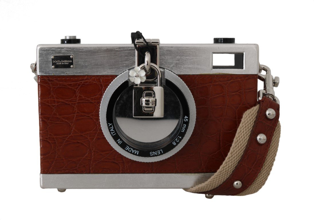 Dolce & Gabbana Women's Camera Case Caiman Wood Clutch Bag Brown VAS15143