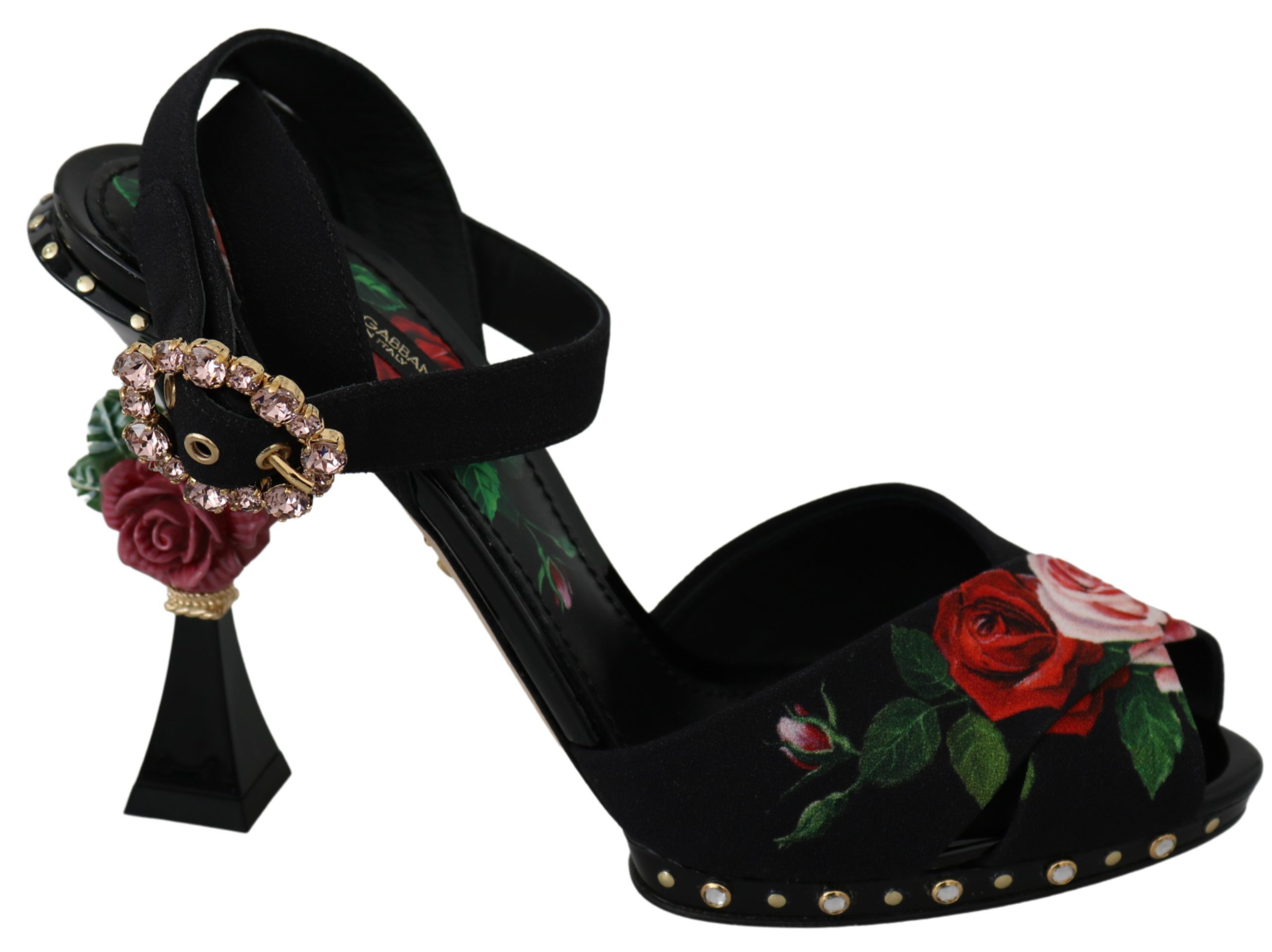 Black Sandals Roses Crystal Heels Shoes - EU38.5/US8