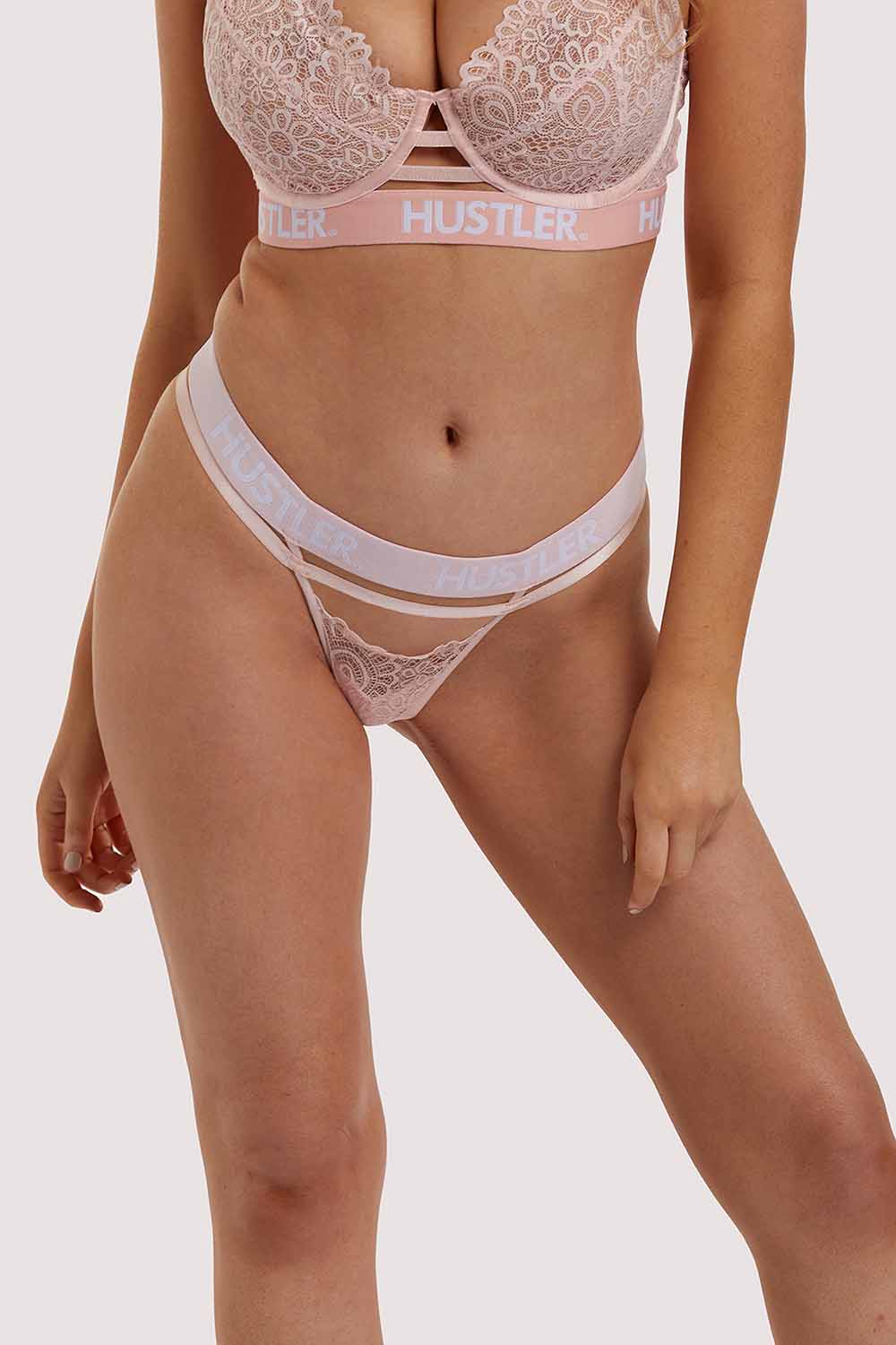 Hustler Branded Lace Baby Pink Thong UK 10 / US 6