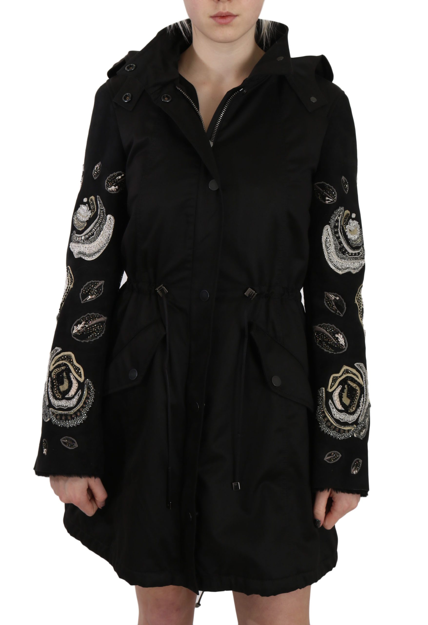 John Richmond Women's Floral Sequined Beaded Hooded Coat Black JKT2341 - IT40|S